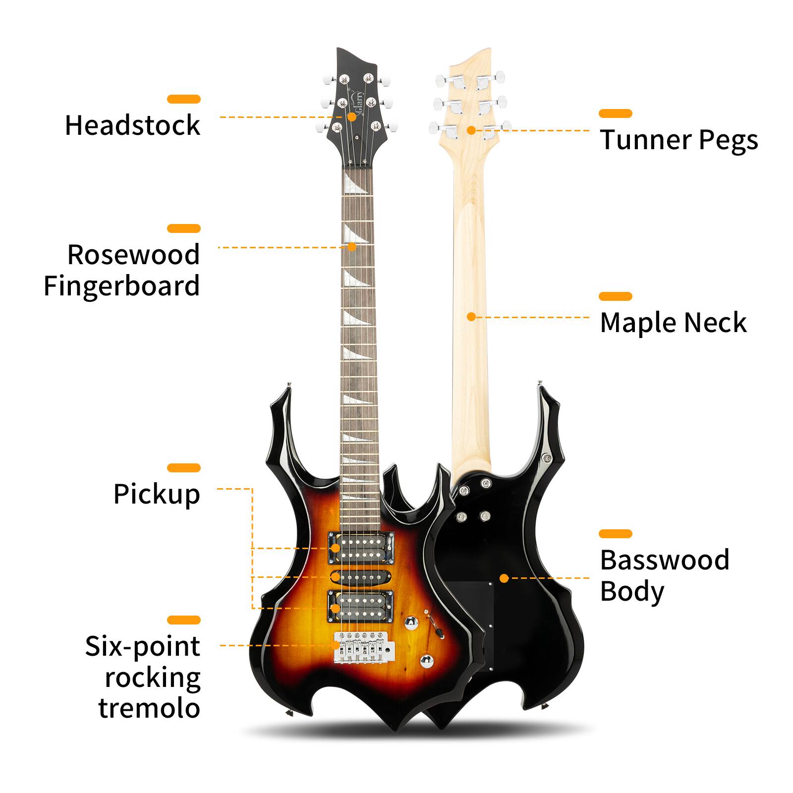 Headstock  
Tuner Pegs  
Rosewood Fingerboard  
Maple Neck  
Pickup  
Six-point rocking tremolo  
Basswood Body