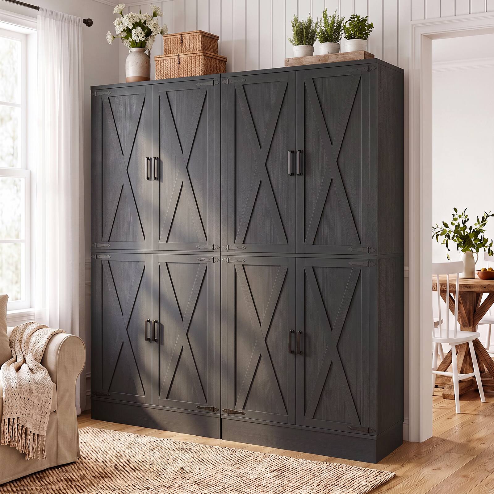 Alt View 3. Aheaplus - 70'' Tall Kitchen Pantry Cabinet with Drawer and Adjustable Shelves, 4 Barn Door Pantry for Dining, Kitchen - Black.