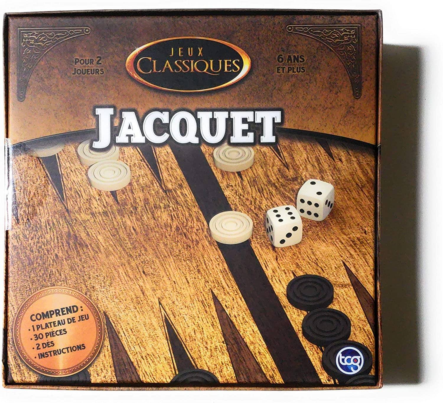 Jeux pour 2 joueurs classiques 6 ans et plus  
Jacquet  
Comprend:  
- 1 plateau de jeu  
- 30 pièces  
- 2 dés  
- Instructions