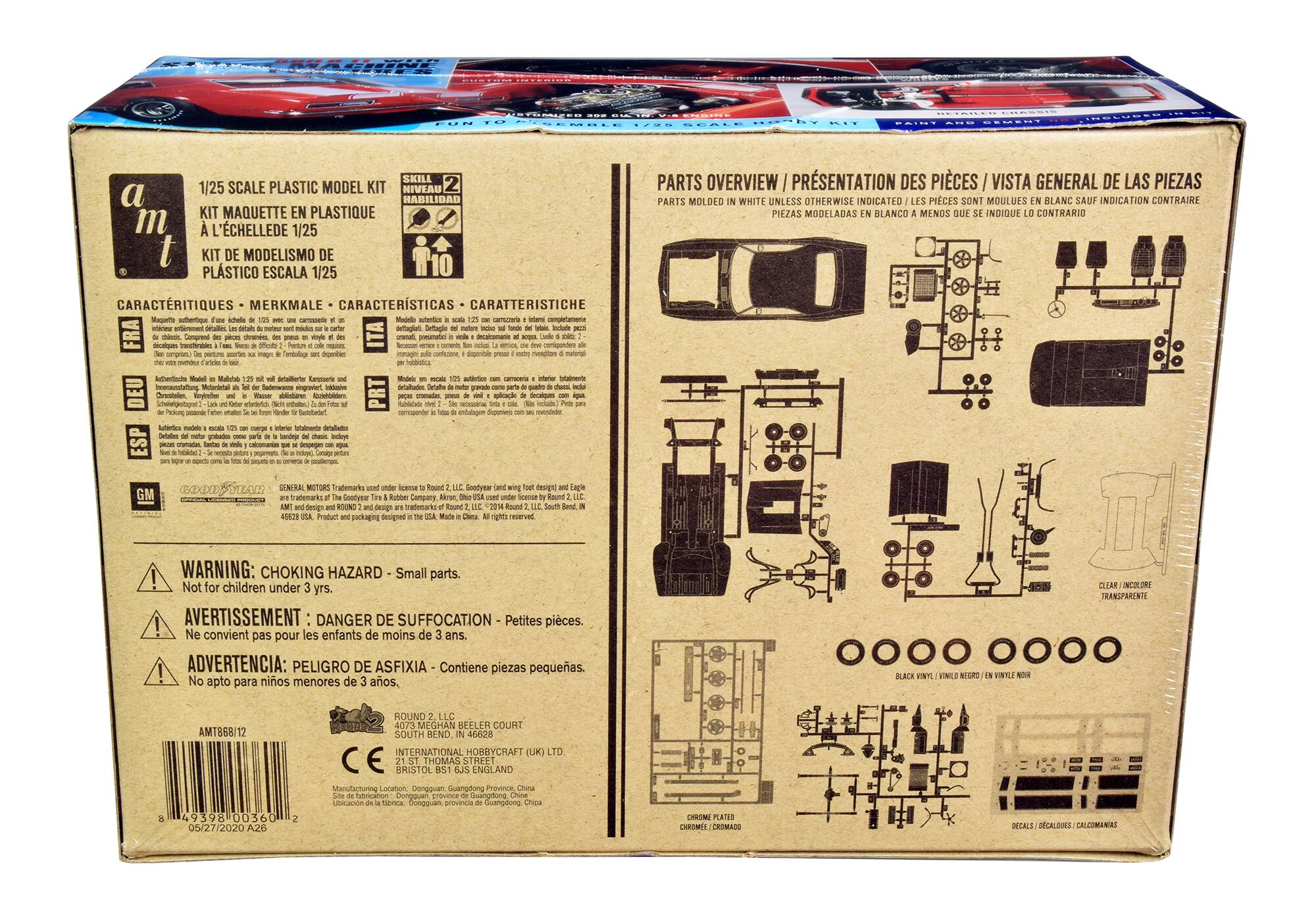 Sure, here is the corrected and grouped text from the image:

---

**1/25 SCALE PLASTIC MODEL KIT**

**KIT MAQUETTE EN PLASTIQUE À L'ÉCHELLE 1/25**

**KIT DE MODELISMO DE PLÁSTICO ESCALA 1/25**

**SKILL LEVEL 2**

**NIVEAU 2 HABILIDAD**

**CARACTERÍSTICAS - MERKMALE - CARATTERISTICHE**

- Magnets subtleties for a scale 1/25 with a chassis and a detailed engine.
- Detailed engine with a 250cc V8.
- Authenticity in the details of the car.
- High-quality plastic parts.
- Easy assembly.
- Paint and decals included.

**PARTS OVERVIEW / PRÉSENTATION DES PIÈCES / VISTA GENERAL DE LAS PIEZAS**

- Parts molded in white unless otherwise indicated.
- Les pièces sont moulées en blanc sauf indication contraire.
- Piezas moldeadas en blanco a menos que se indique lo contrario.

**WARNING: CHOKING HAZARD - Small parts. Not for children under 3 years.**

**AV