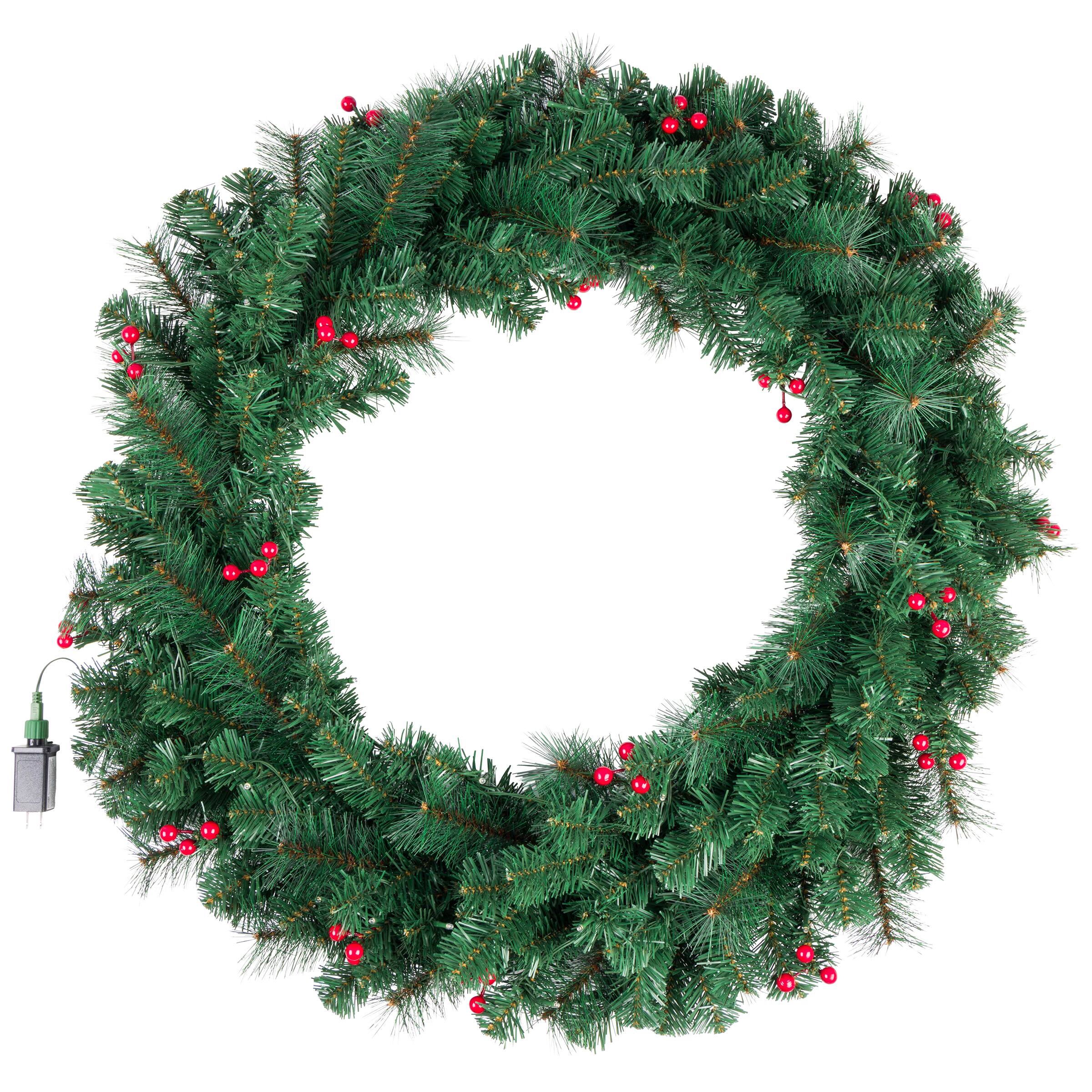 Front. Elf Stor - Elf Stor Large Christmas Wreath with Lights and Berries, Green, 36” - Green.
