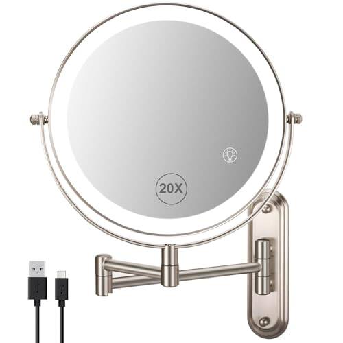 Front. Comfort Essence - Wall Mounted Makeup Mirror - 1X 15X Magnifying with Extended Arm 360 Swivel Vanity 8 5in Double Sided for... - Nickel-light-20X.
