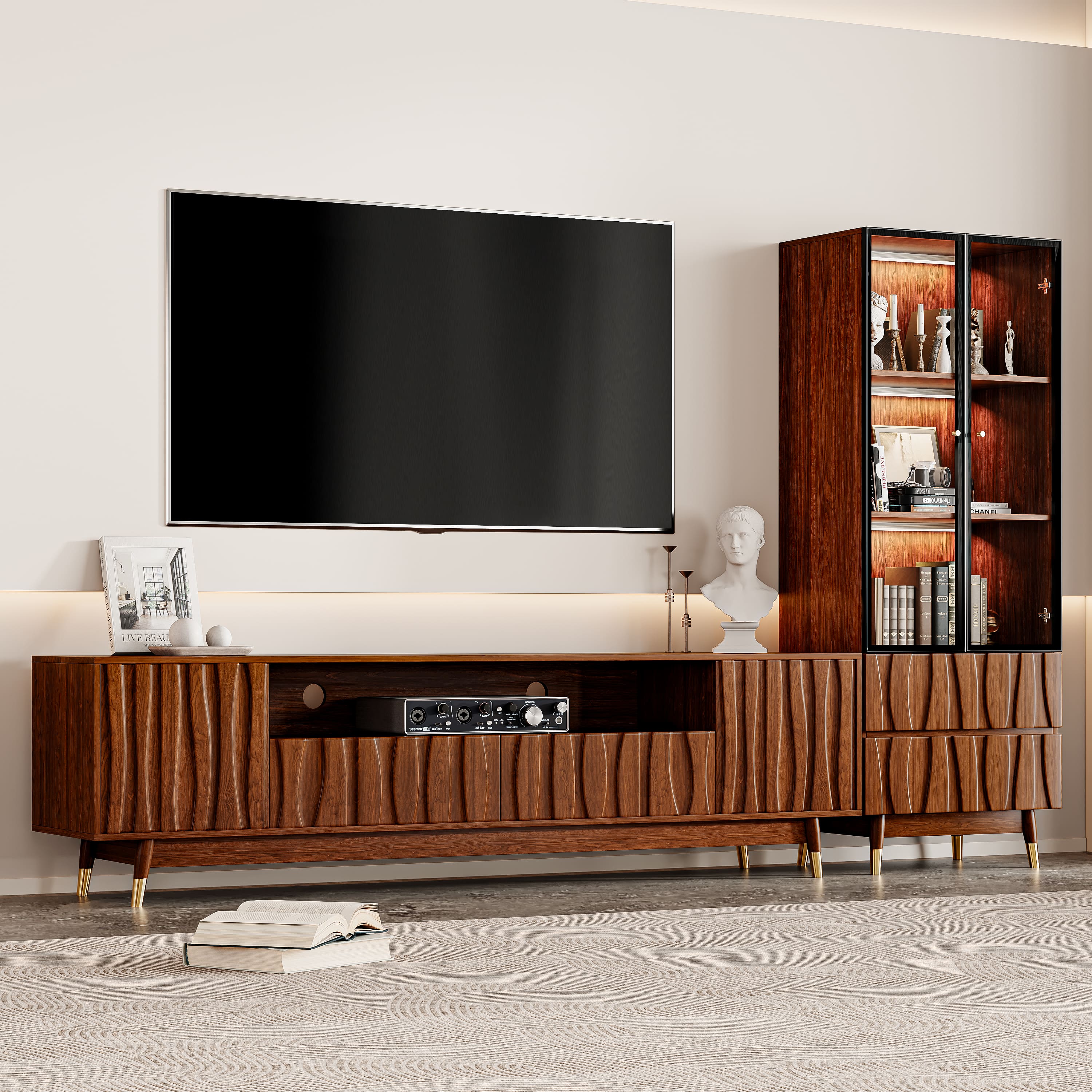 MSOOB - Wood TV Stand and Glass Display Cabinet Set, 102.3"W Mid-century Living Room Entertainment Center for TVs up to 85'' - Brown