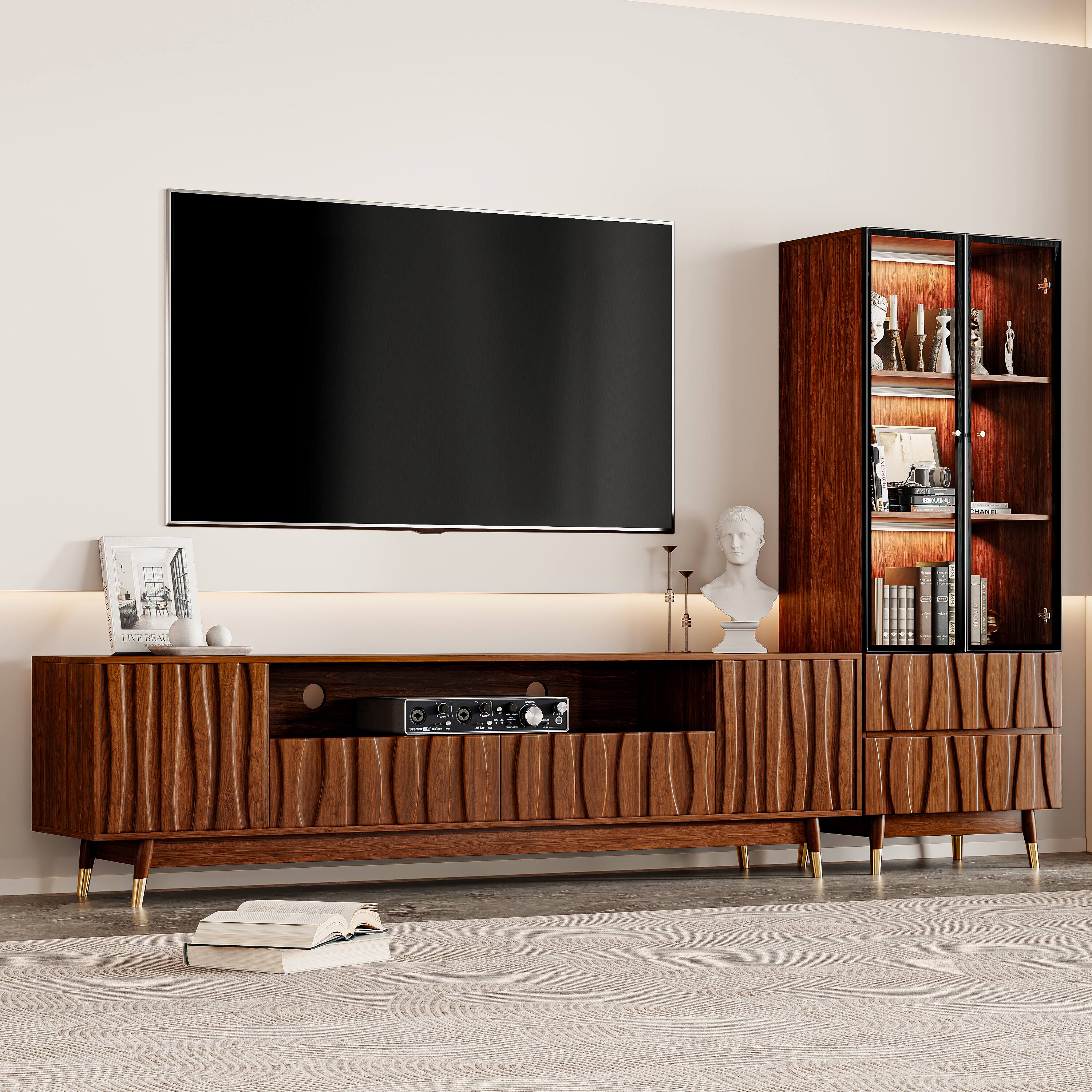 Front. MSOOB - Wood TV Stand and Glass Display Cabinet Set, 102.3"W Mid-century Living Room Entertainment Center for TVs up to 85'' - Brown.