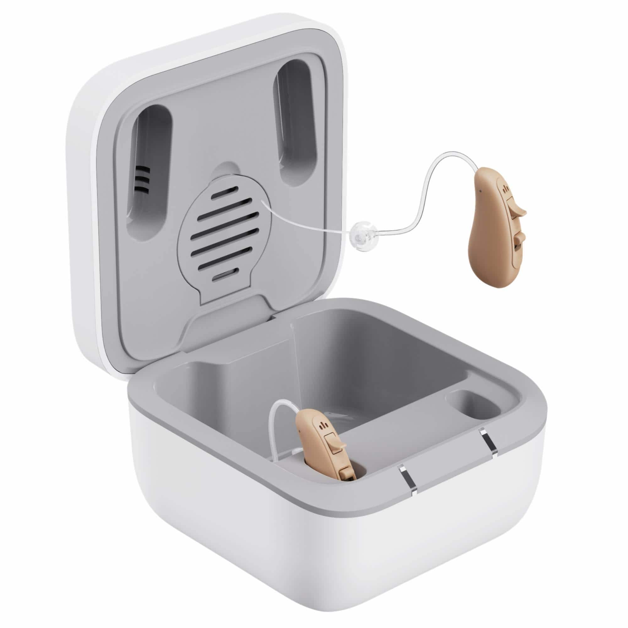 Front. Ceretone - Solid Rechargeable OTC Hearing Aids - Natural Sound, Noise Reduction, Comfortable BTE Fit, Portable Charging Case - Beige.