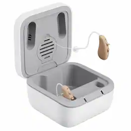 Ceretone - Solid Rechargeable OTC Hearing Aids - Natural Sound, Noise Reduction, Comfortable BTE Fit, Portable Charging Case - Beige