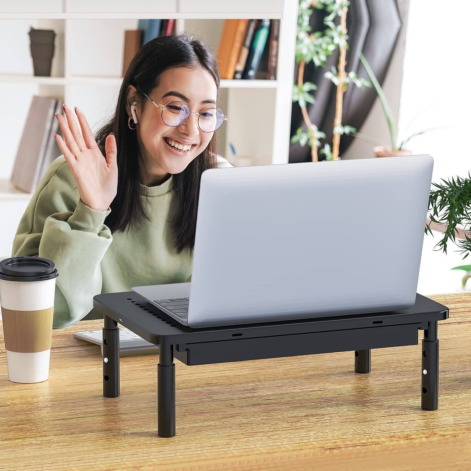Alt View 5. Cedar Assembly - Dual Monitor Stand With Storage Desk Riser 3 Height Adjustable Laptop Airflow Vents Organizer For Computer - Black with Drawer.