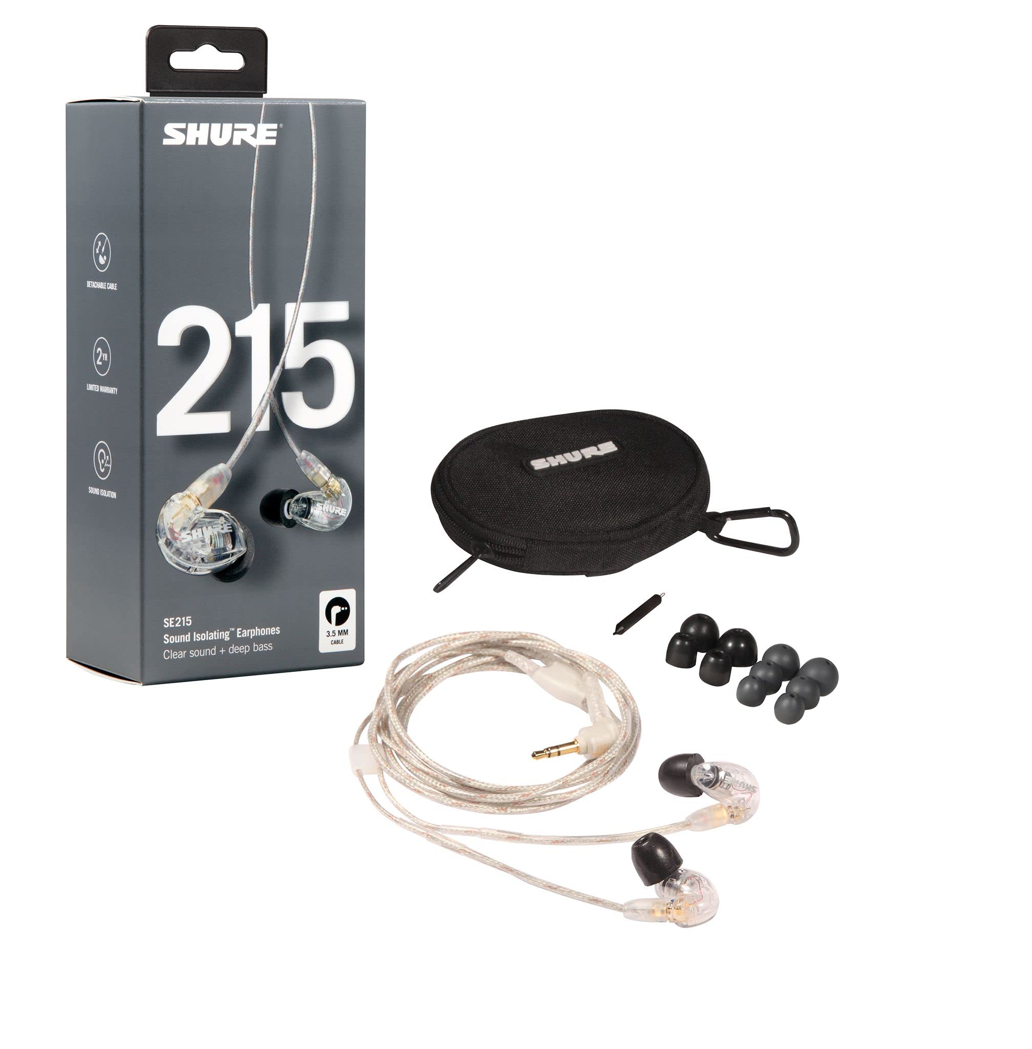 SHURE  
215  
SE215  
Sound Isolating Earphones  
Clear sound + deep bass  

SHURE U 115  
2 - 215 8 SN  

SHURE  
215  
Sound Isolating Earphones  
Clear sound + deep bass  
3.5 MM CABLE
