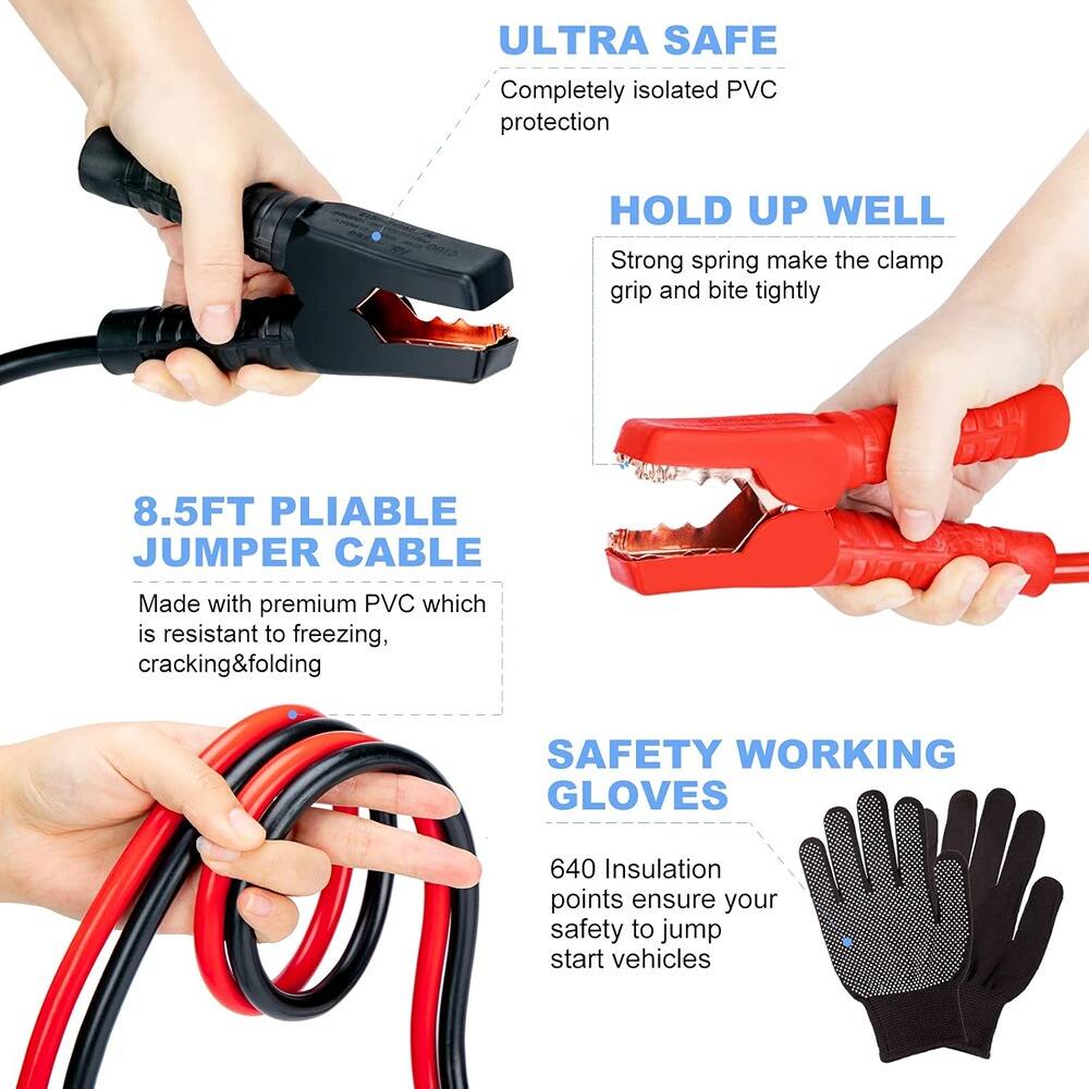 - ULTRA SAFE  
  Completely isolated PVC protection

- HOLD UP WELL  
  Strong spring make the clamp grip and bite tightly

- 8.5FT PLIABLE JUMPER CABLE  
  Made with premium PVC which is resistant to freezing, cracking & folding

- SAFETY WORKING GLOVES  
  640 Insulation points ensure your safety to jump start vehicles