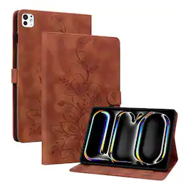 Dteck - Foilo Case for Apple iPad Pro (M5) 11" 2025 & (M4) 2024,Embossed Pattern PU Leather Flip Card Holder Kickstand Cover - Brown