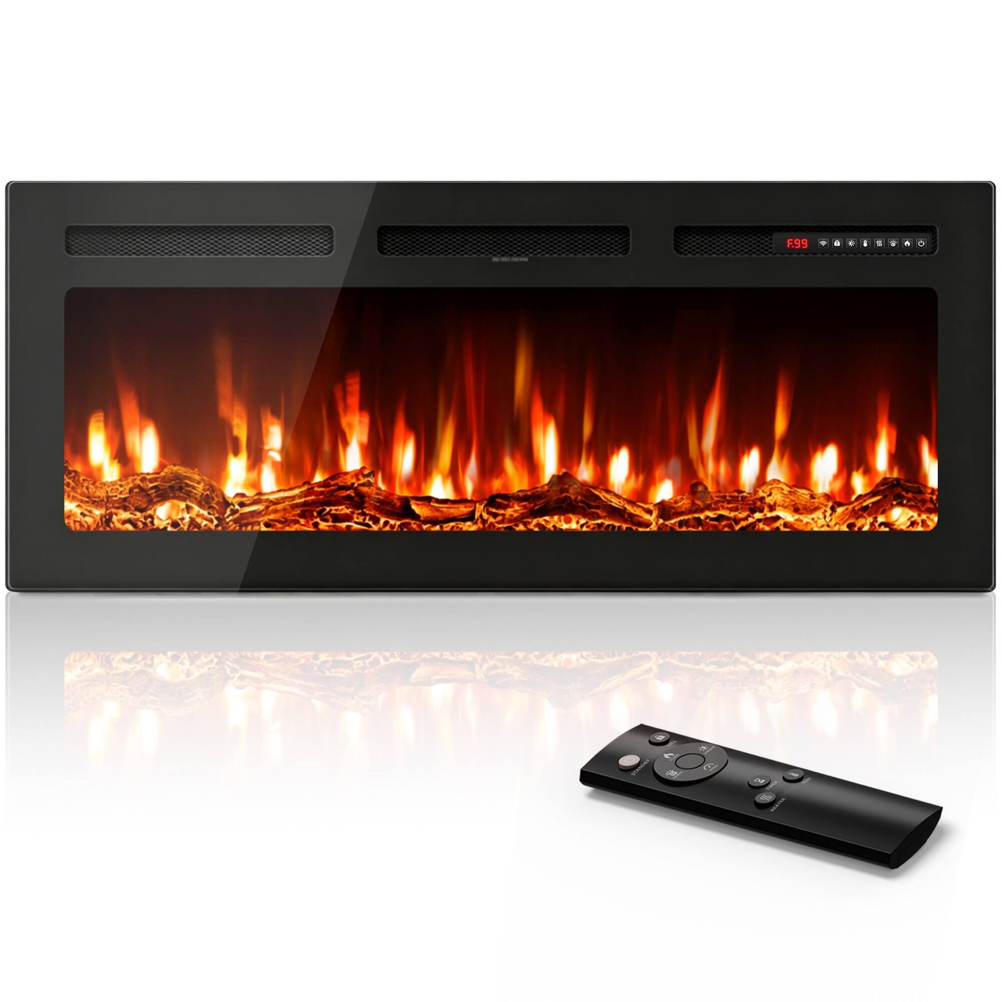 Front. Manastin - 42" Ultra-Thin Electric Fireplace Heater, Recessed Wall Mounted, 12 Flame Color Modes, Touch Screen & Remote Control.