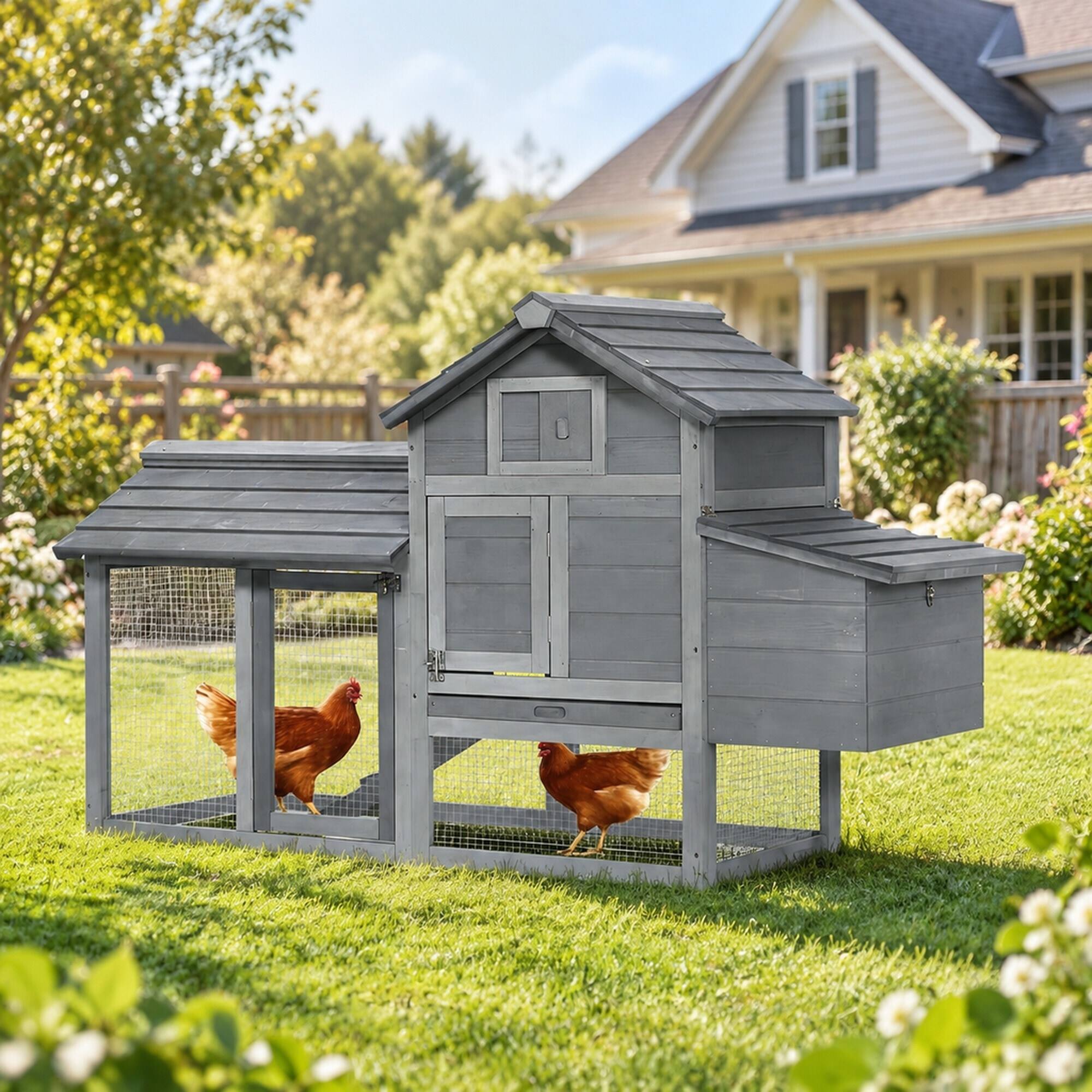 Left. RYHNUYNE - Wooden Chicken Coop, Fir Hen House, Elevated Box and Run, 59.25 in L, Grey.