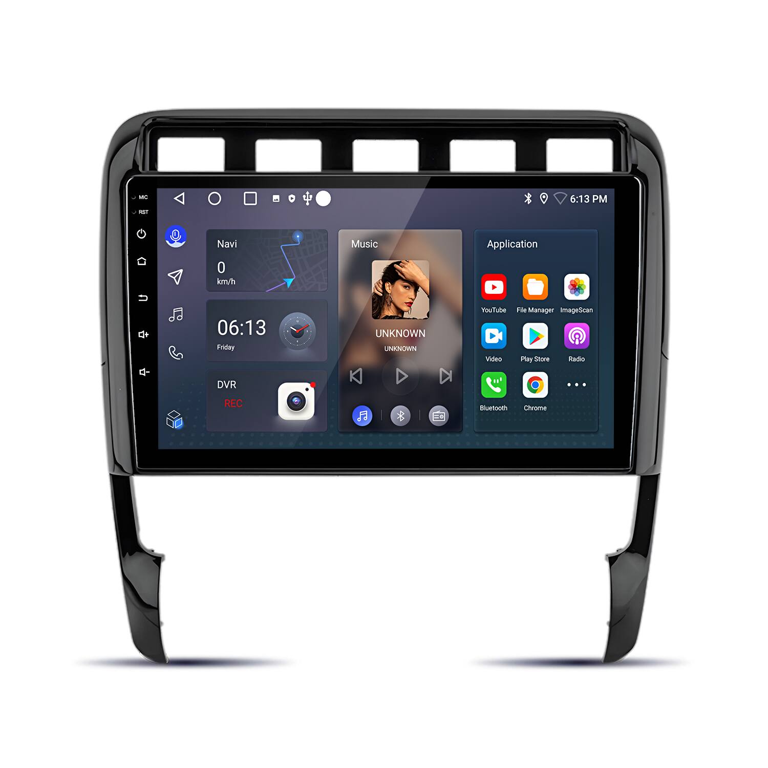 MG - 6:13 PM  
Navi 0 km/h  
Music  
06:13 Friday  
DVR REC  
UNKNOWN UNKNOWN  
YouTube  
File Manager  
ImageScan  
Video  
Play Store  
Radio  
Bluetooth  
Chrome