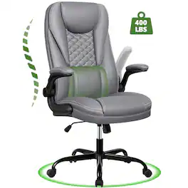KERDOM - Ergonomic PU Leather Chair with Flip-Up Arms, Executive Manager Chair, High Back Home Office Desk Chair Computer Chair - Gray