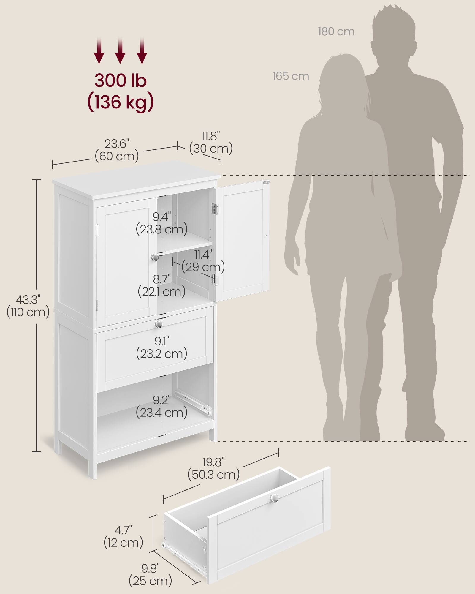 180 cm  
300 lb (136 kg)  
165 cm  

23.6" (60 cm)  
11.8" (30 cm)  
9.4" (23.8 cm)  
43.3" (110 cm)  
11.4" (29 cm)  
8.7" (22.1 cm)  
9.1" (23.2 cm)  
9.2" (23.4 cm)  
19.8" (50.3 cm)  
4.7" (12 cm)  
9.8" (25 cm)