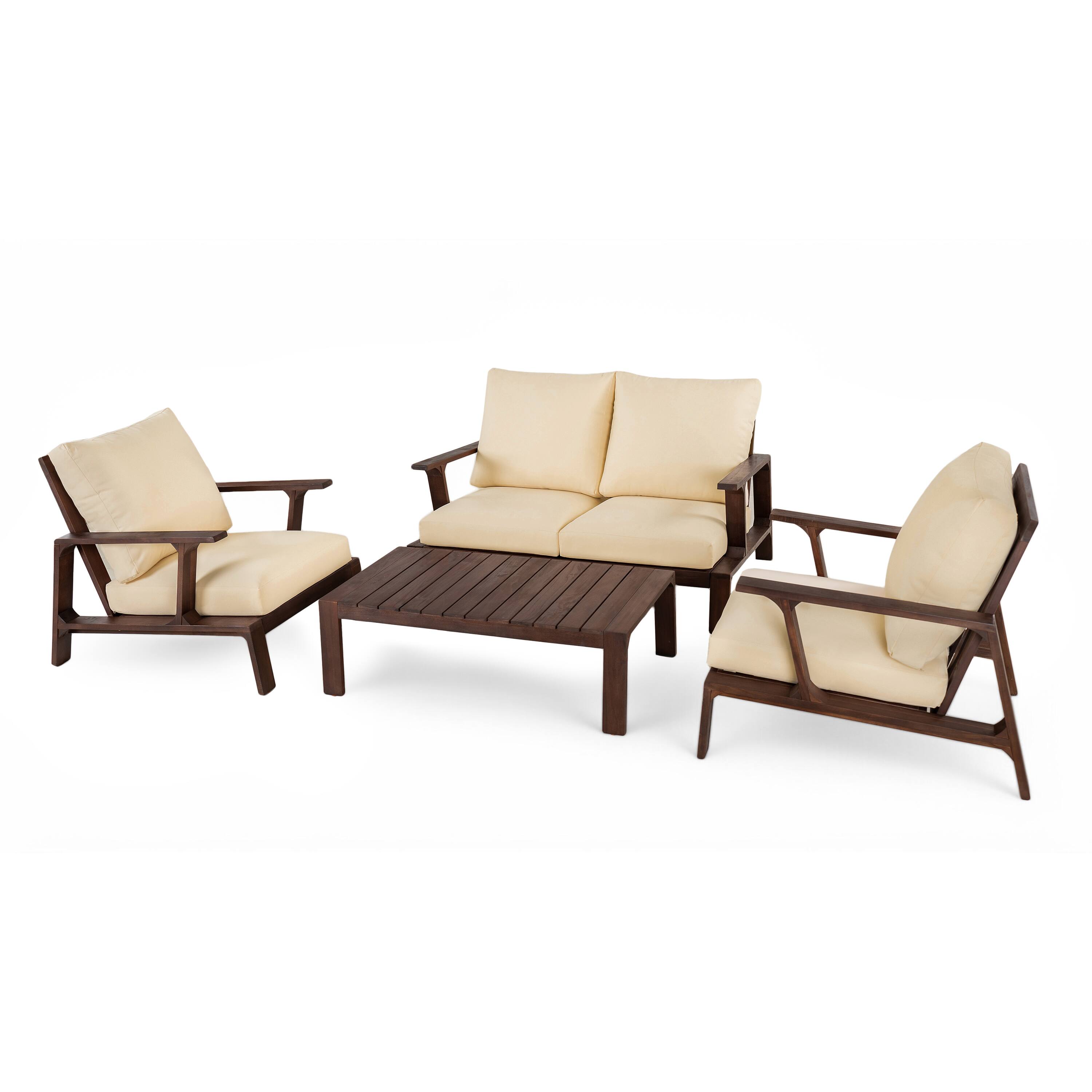 Alt View 7. Siljoy - 4-Piece Outdoor Patio Conversation Set, 4-Seat Sofa with Coffee Table, Dark Brown + Beige Cushions - Beige,Dark Brown.