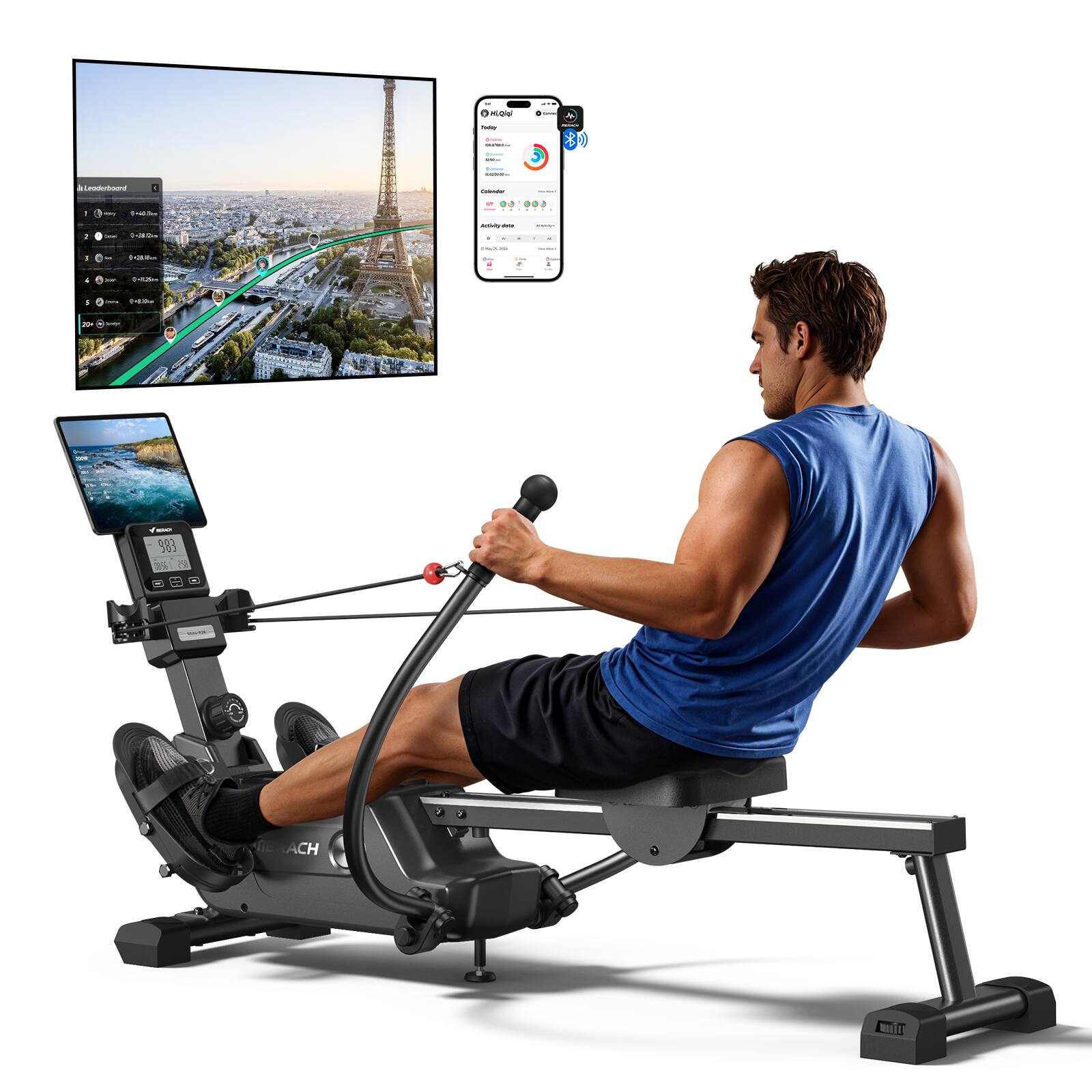 Sure, here is the corrected and grouped text from the image:
**On the Screen:**
- "Paris"
- "10:00"
- "10:00"
- "10:00"
- "10:00"
- "10:00"
- "10:00"
**On the Tablet:**
- "MyFitnessPal"
- "Today"
- "Tomorrow"
- "Calendar"
- "Activity data"
- "1000 kcal"
- "503 ACH"
**On the Machine:**
- "ACH"