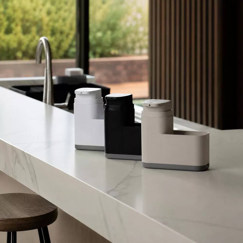 Back. OU - 19 oz Plastic Soap Dispenser with Extended Sponge Holder & Drip Tray Kitchen Sink Organizer - White.