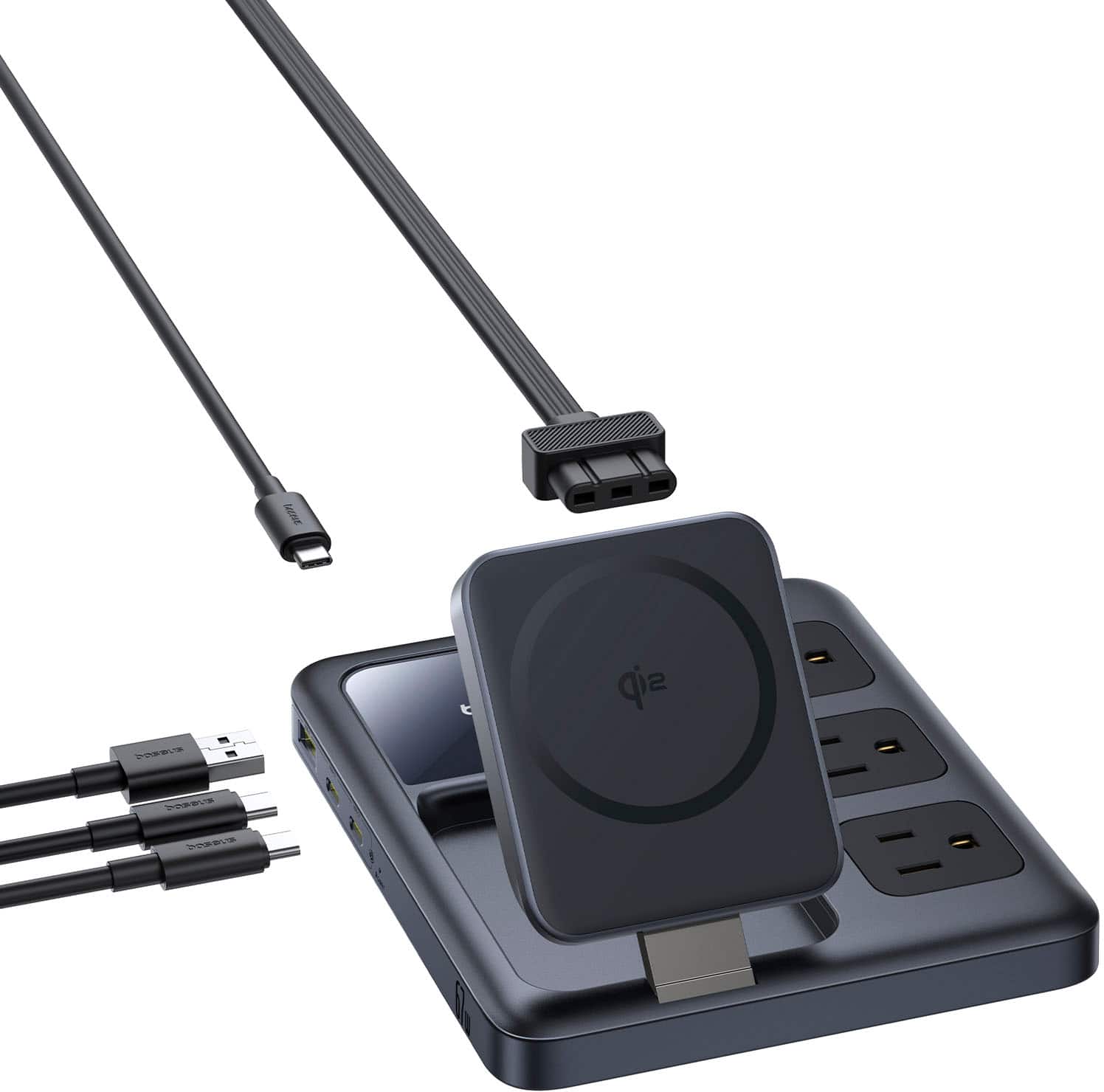 The image features a black device with a USB plugged into it, sitting on a charging station. There are also several cords and a power strip in the scene. The device is likely being charged or connected to a computer or other device.