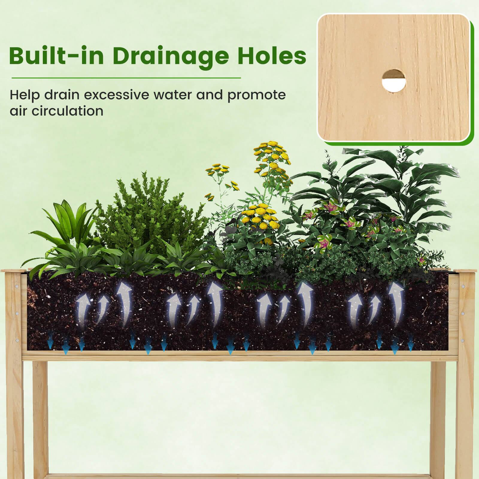 Alt View 5. Costway - Costway 1 PCS Wooden Raised Garden Bed with Legs, Lockable Wheels, Liner, Storage Shelf Drainage - Natural.