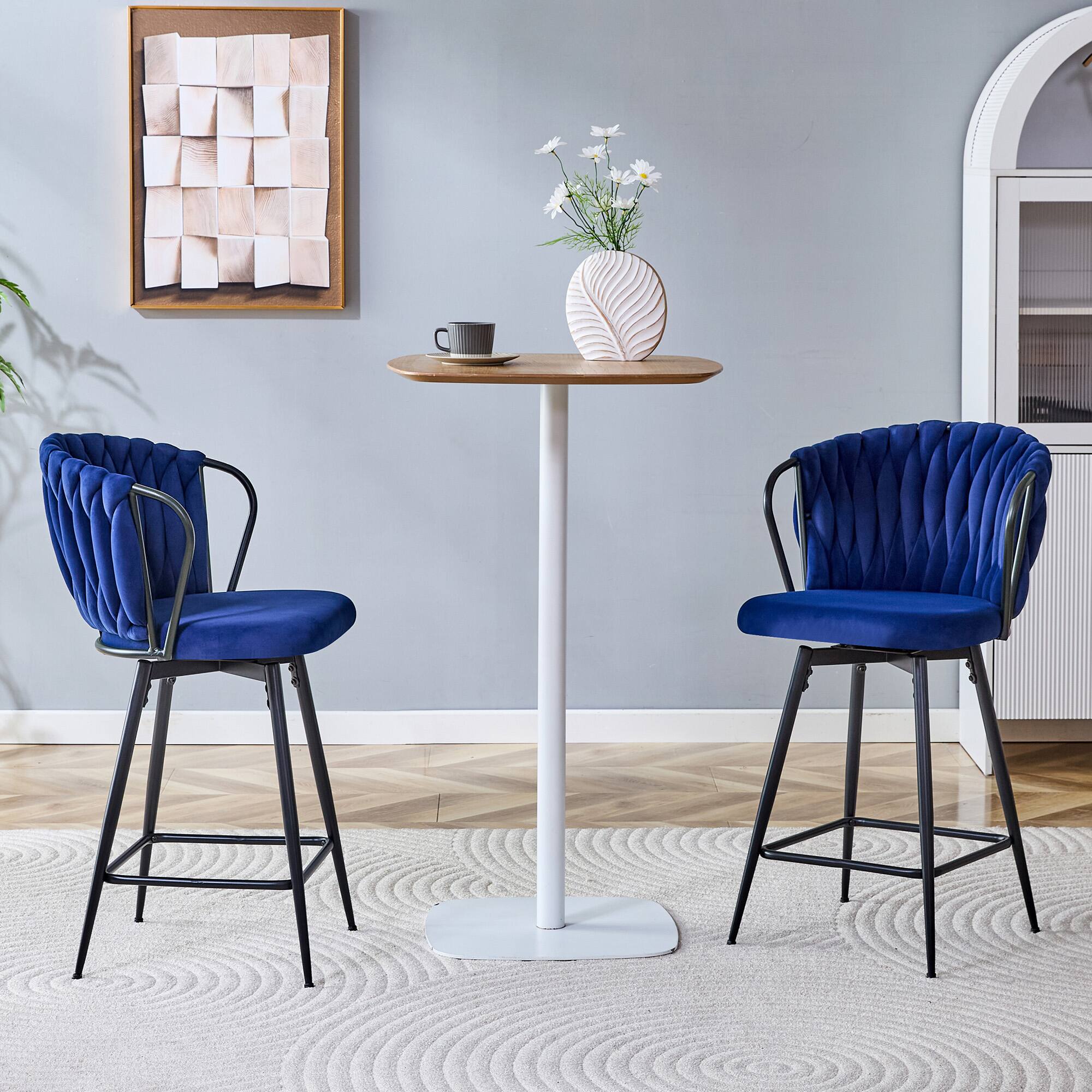 Angle. Loheer - Loheer Counter Height Bar Stools Set of 2, Blue Velvet Bar Stools with Braided Back, Metal Frame, 3 ft - Black,Blue.