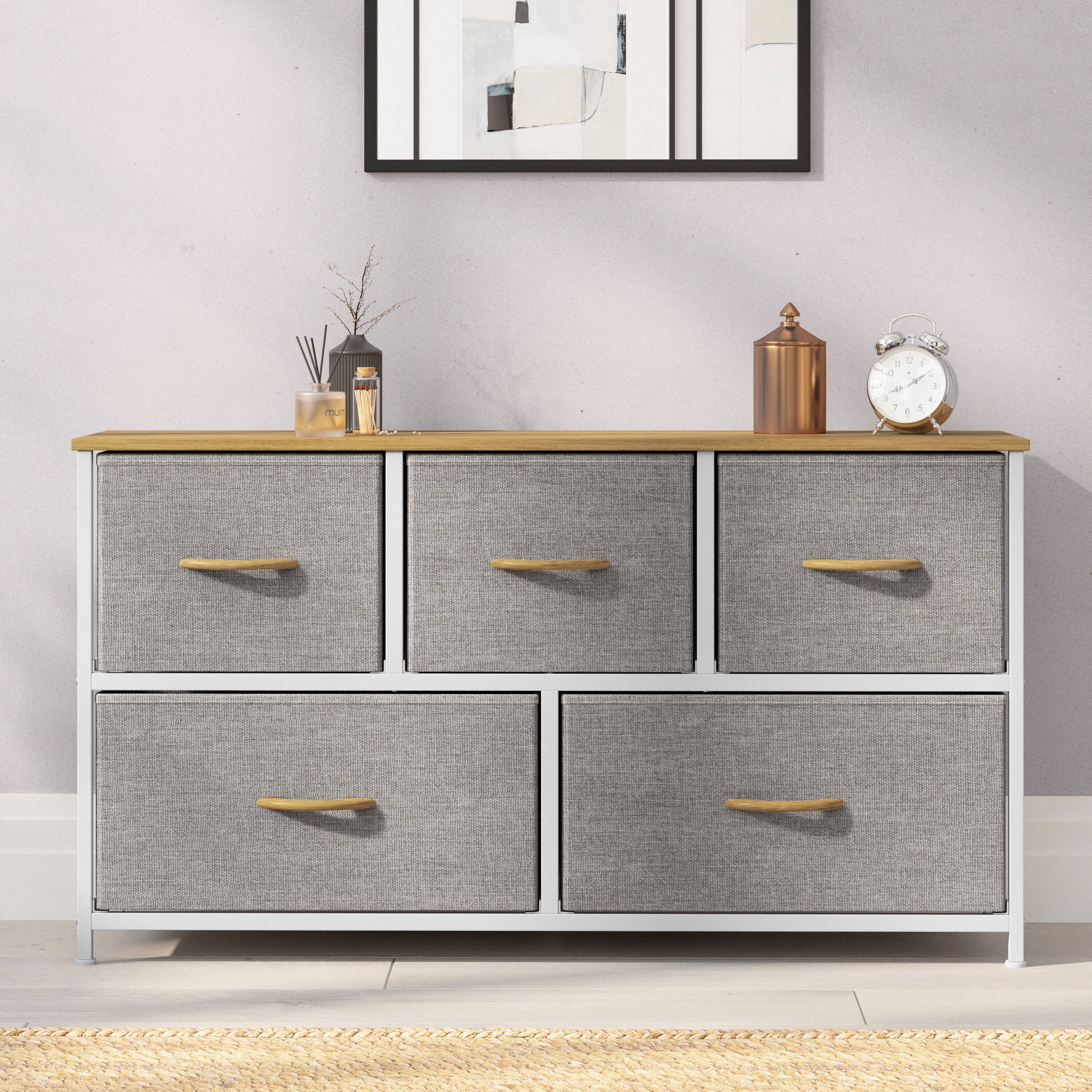 Alt View 3. Emma + Oliver - Marley 5 Drawer Storage Dresser with Cast Iron Frame, Wood Top and Easy Pull Fabric Drawers with Wooden Handles - Beige Drawers/White Frame.