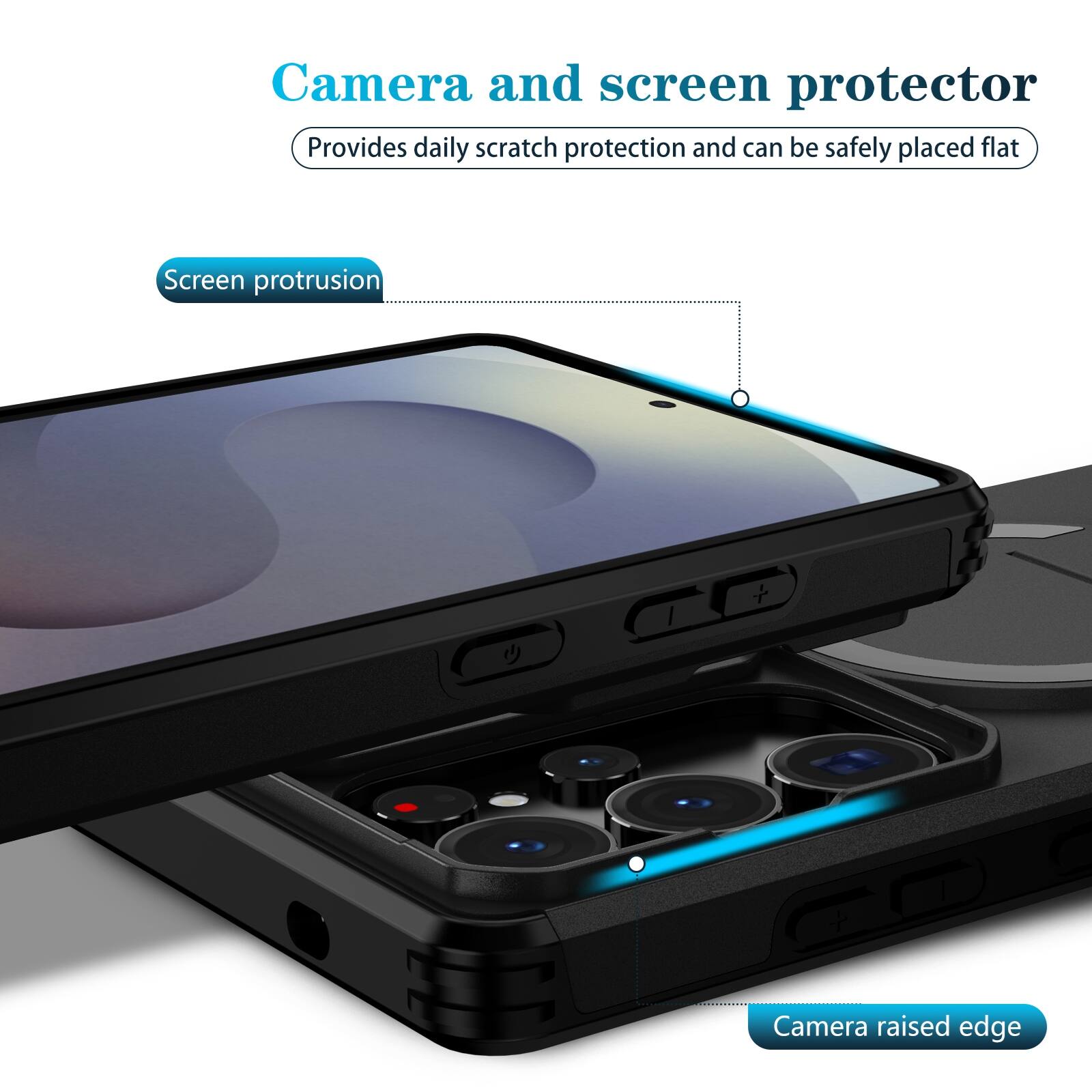 Camera and screen protector  
Provides daily scratch protection and can be safely placed flat  

Screen protrusion  
Camera raised edge