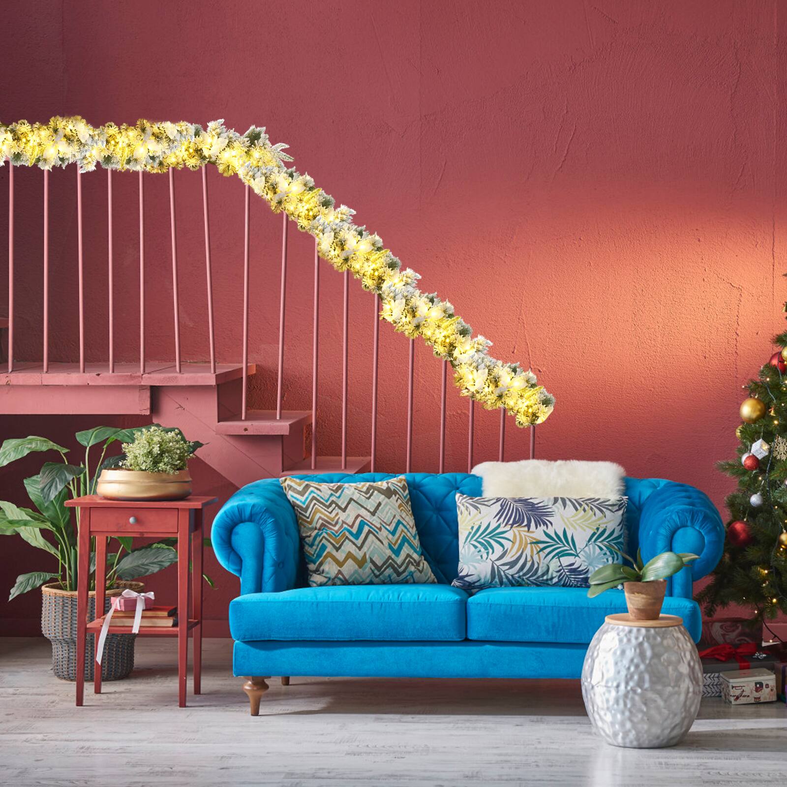 Alt View 19. Costway - 9ft Pre-lit Snowy Christmas Garland w/ Berries Poinsettia Flowers Timer - White.