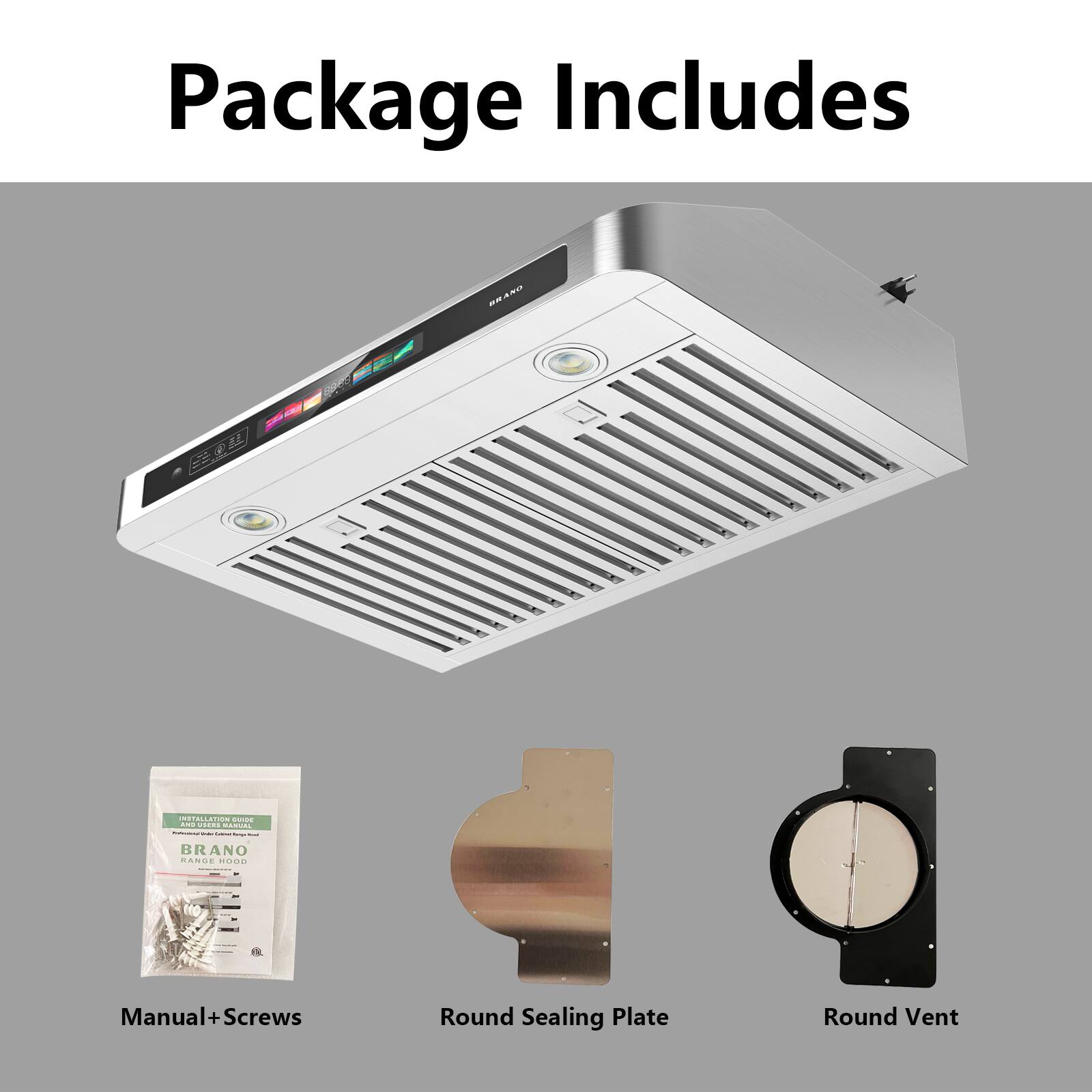 Package Includes

- Manual + Screws
- Round Sealing Plate
- Round Vent