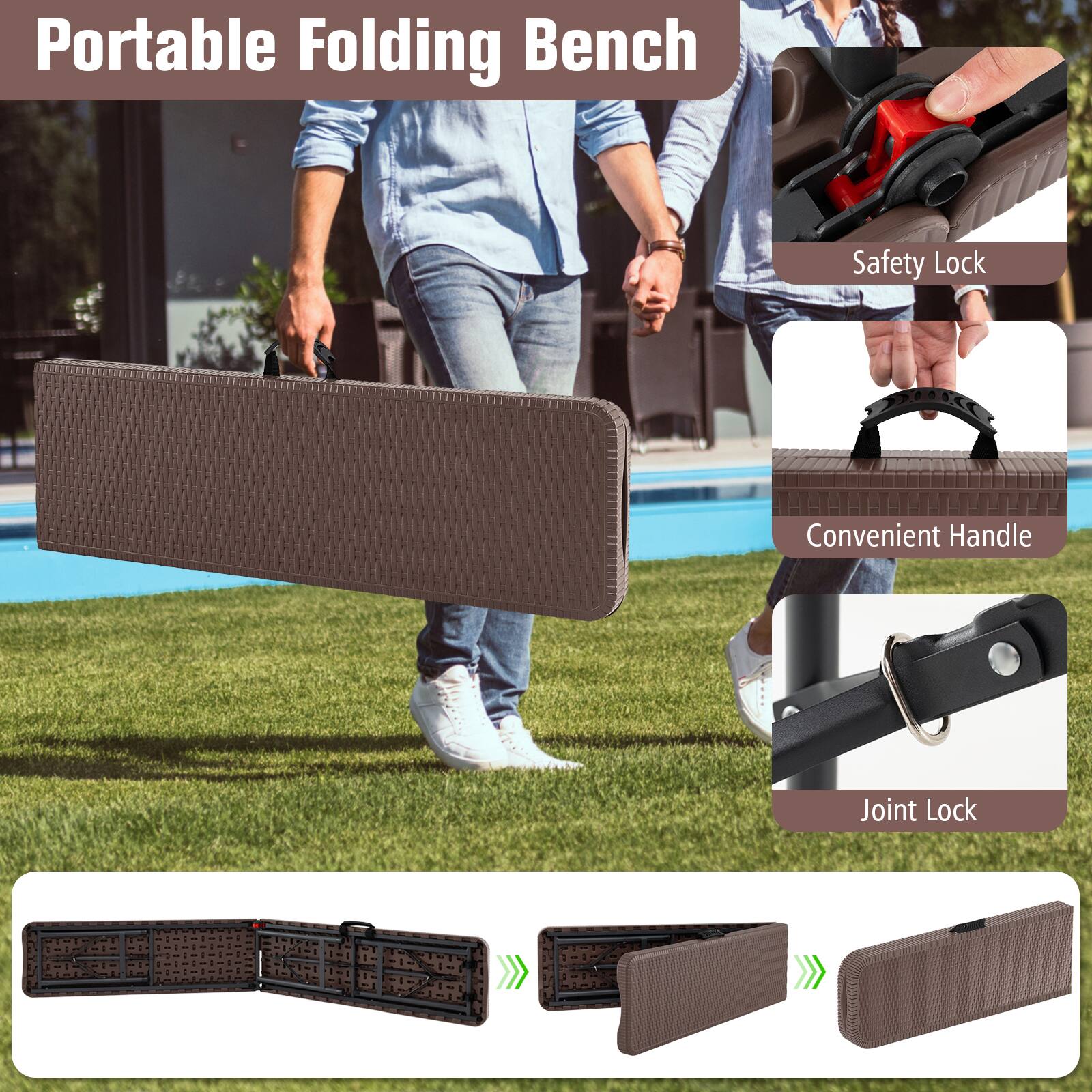 Portable Folding Bench
Safety Lock
Convenient Handle
Joint Lock