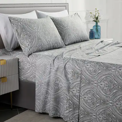 Front. Sweet Home Collection - Paisley 4 Piece Printed Sheet Set, Double Brushed Microfiber, California King - Gray.