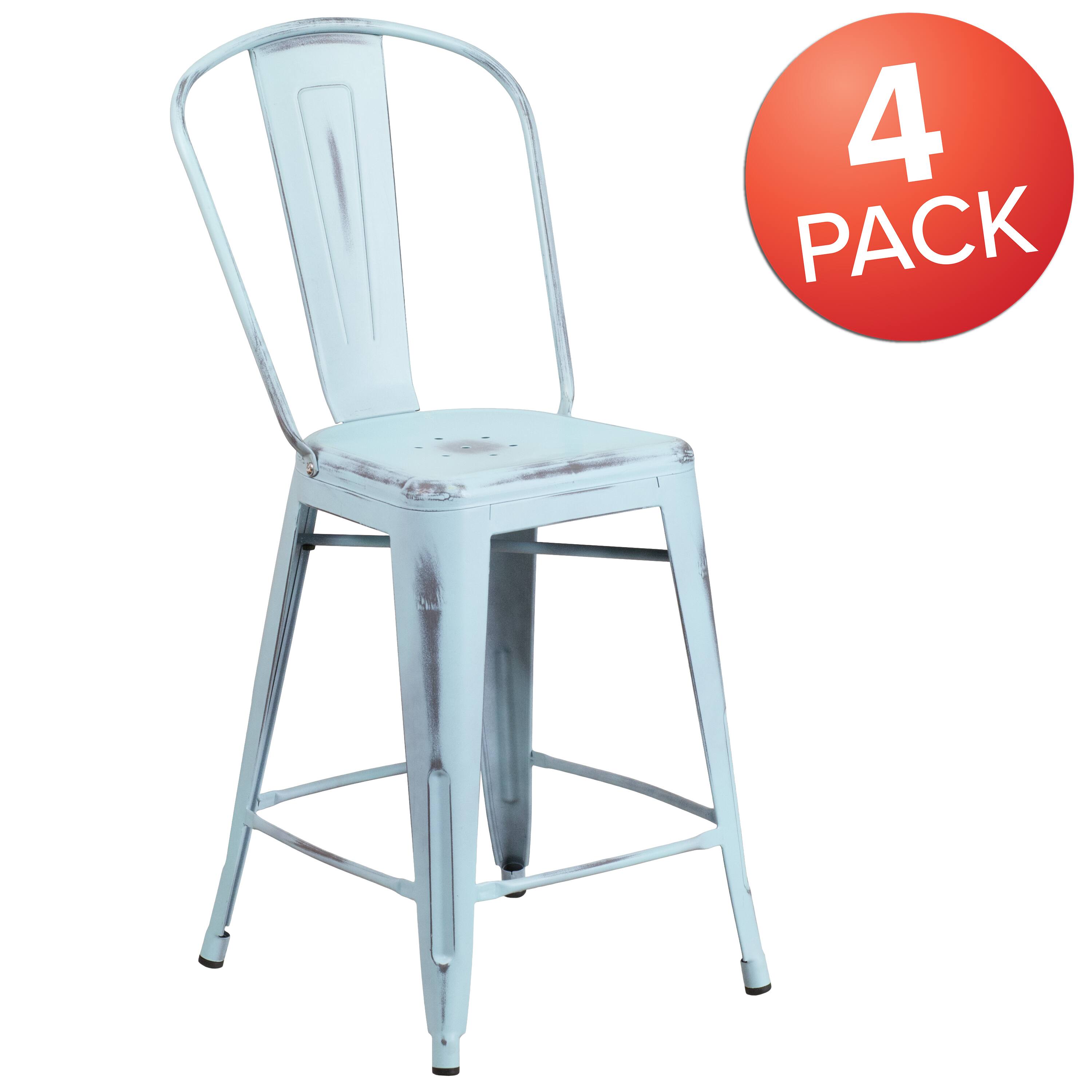 Alt View 1. Emma + Oliver - Commercial Grade 4 Pack 24" High Distressed Metal Indoor-Outdoor Counter Height Stool with Back - Green-Blue.
