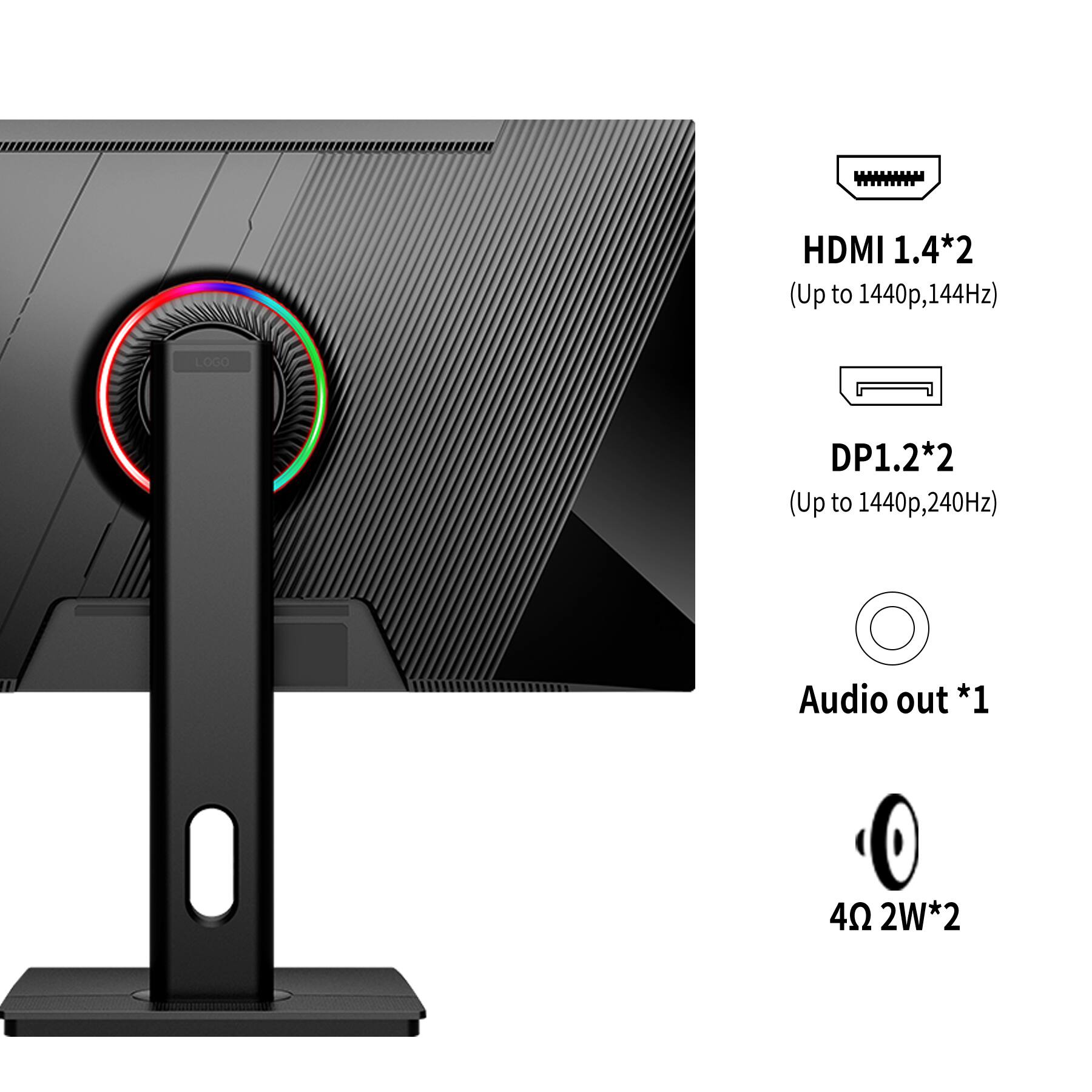 HDMI 1.4*2 (Up to 1440p, 144Hz)  
DP1.2*2 (Up to 1440p, 240Hz)  
Audio out *1  
4Ω 2W*2