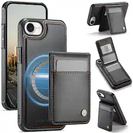 Dteck - Wallet Case for Apple iPhone 17e / 16e, 2-in-1 Detachable RFID Card Holder Flip Kickstand, Faux Leather Phone Cover - Black