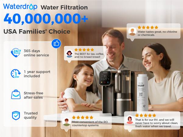 Waterdrop Water Filtration  
40,000,000+ USA Families' Choice  

- Water tastes great, no chlorine or chemicals.  
- The BEST for tea, coffee, and no-knead bread!  
- 24/7 365 days online service  
- 1 year support included  
- Stress-free after-sales  
- Trusted quality  
- Most convenient of the RO countertop systems.  

That is for our RV, and we will never have to worry about clean, fresh water when we travel.