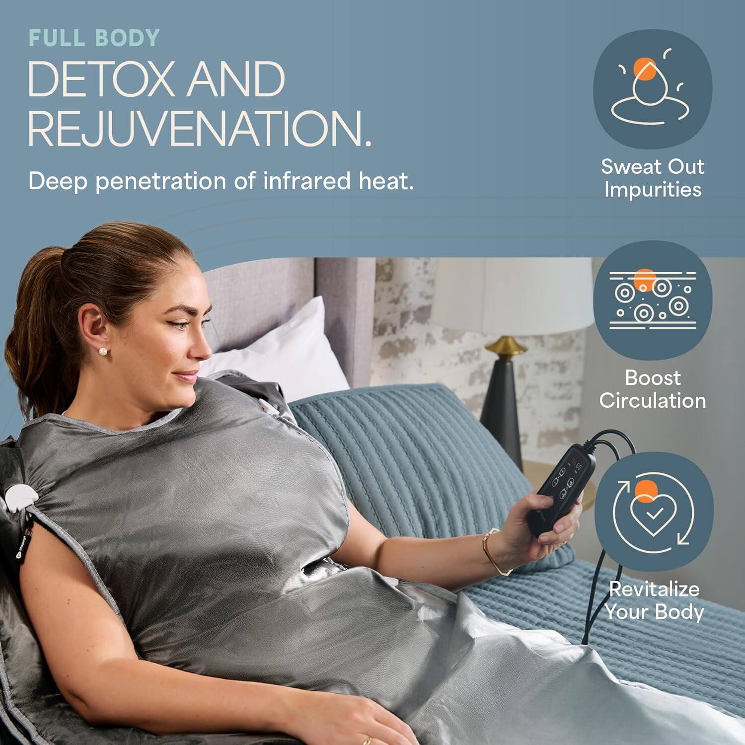 FULL BODY DETOX AND REJUVENATION.  
Deep penetration of infrared heat.  

- Sweat Out Impurities  
- Boost Circulation  
- Revitalize Your Body