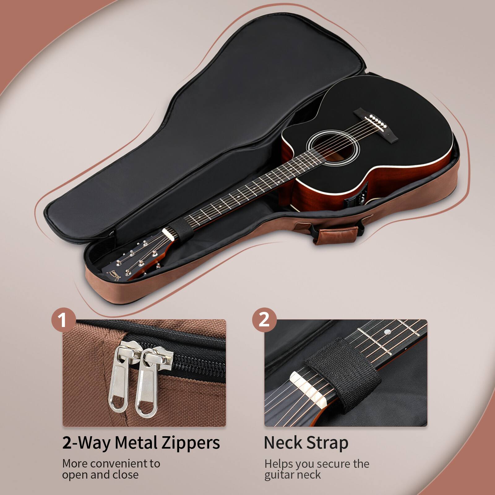 1. 2-Way Metal Zippers
   - More convenient to open and close

2. Neck Strap
   - Helps you secure the guitar neck