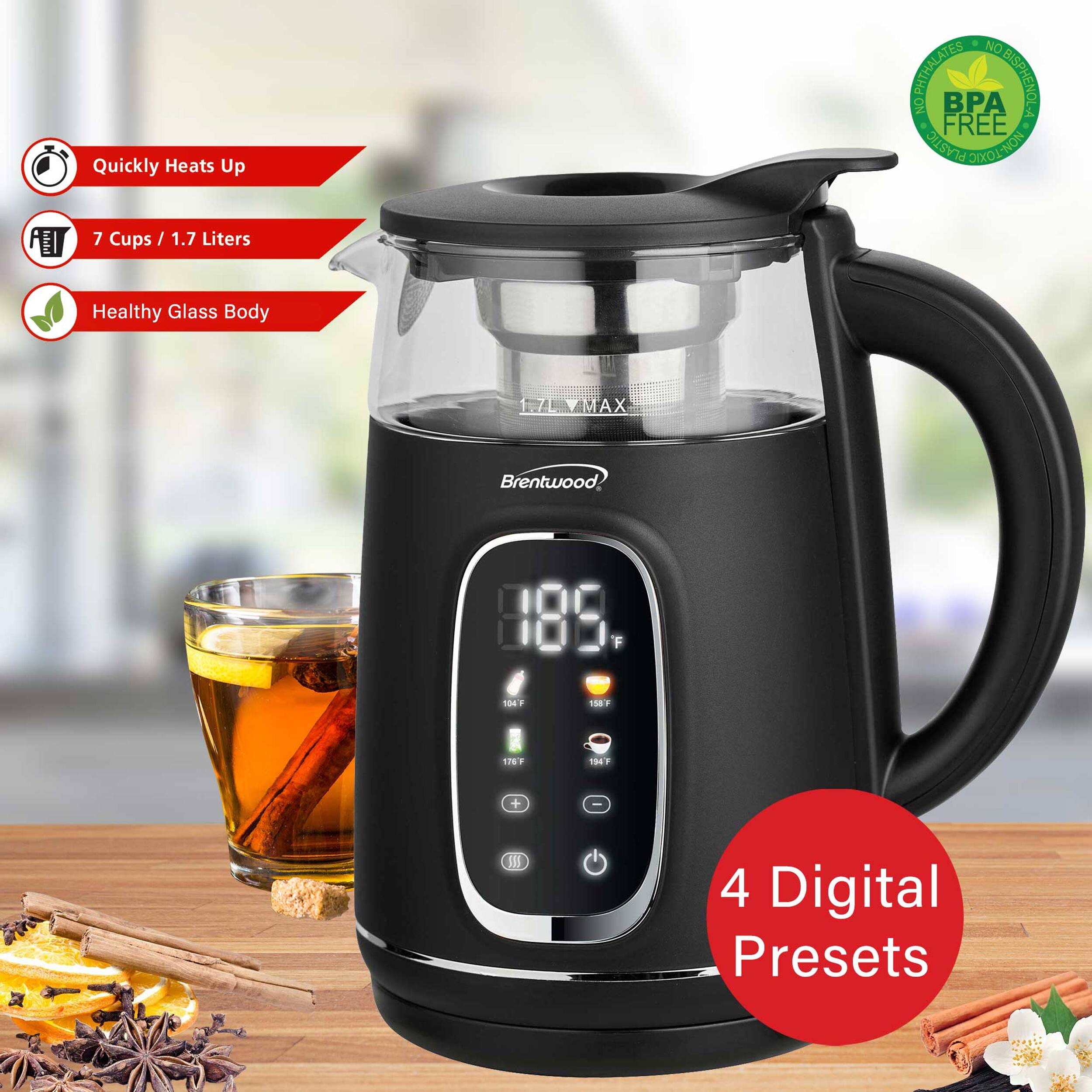 Quickly Heats Up  
NO PHTHALATES  
NO BISPHENOL A  
BPA FREE PLASTIC  
NON-TOXIC  
ATT 7 Cups / 1.7 Liters  
Healthy Glass Body 1.7L  
YMAX Brentwood  
189 F  
188 3  
158 . 116  
1M4 F  
+ -  
UR 4  
Digital Presets