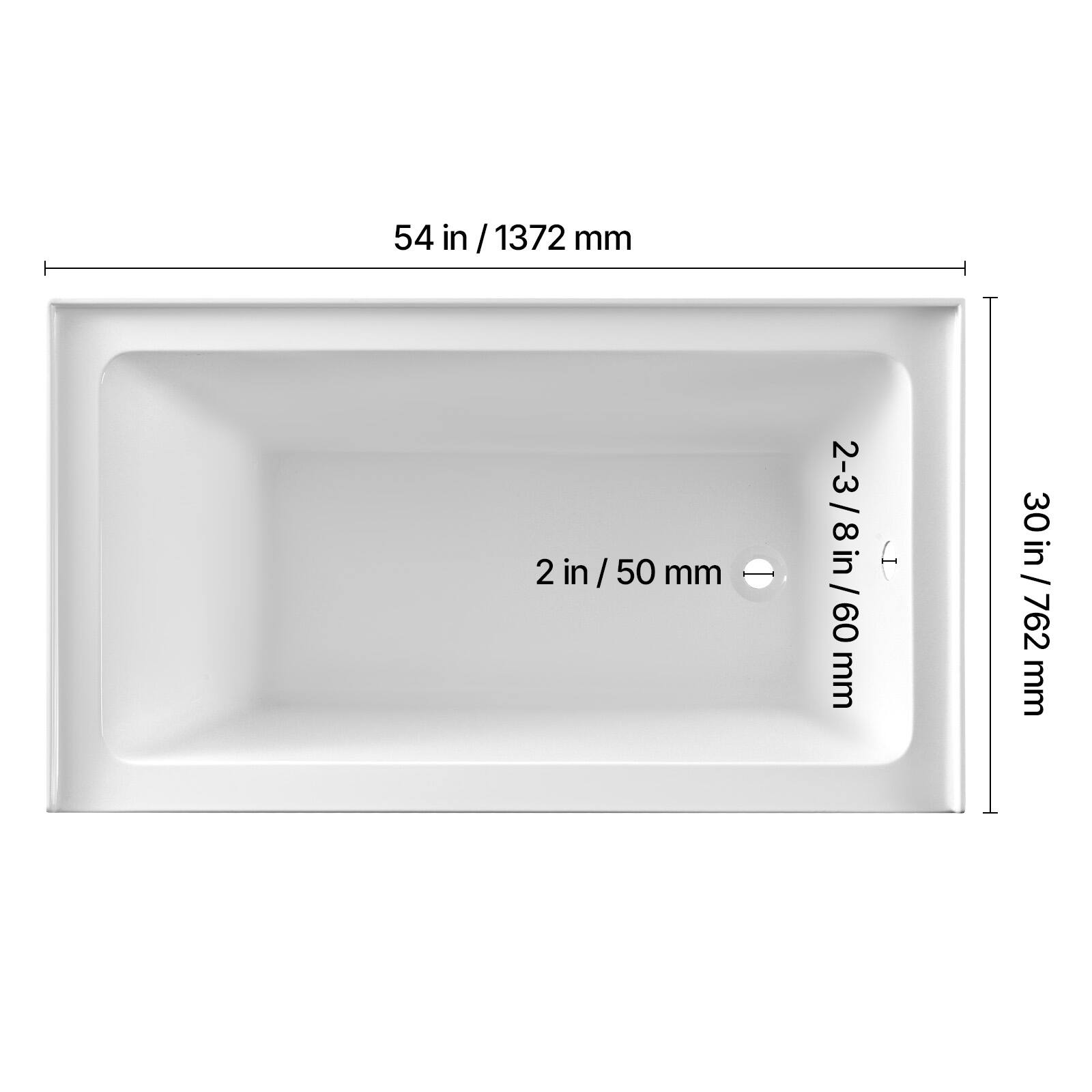 54 in / 1372 mm  
2 in / 50 mm  
2-3/8 in / 60 mm  
30 in / 762 mm