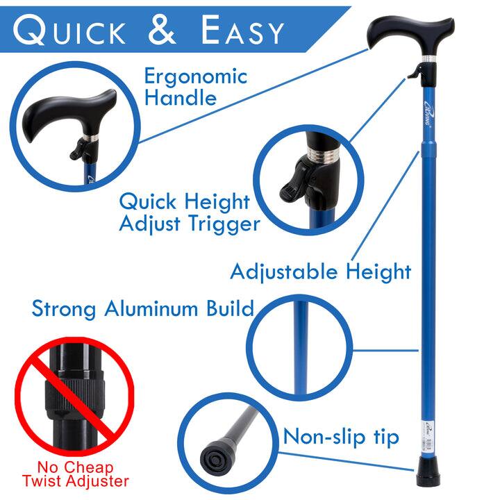 QUICK & EASY

- Ergonomic Handle
- Quick Height Adjust Trigger
- Adjustable Height
- Strong Aluminum Build
- No Cheap Twist Adjuster
- Non-slip tip