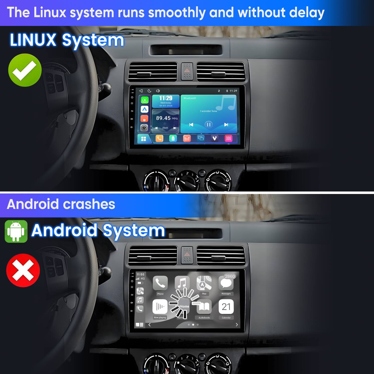 The Linux system runs smoothly and without delay  
LINUX System

Android crashes  
Android System