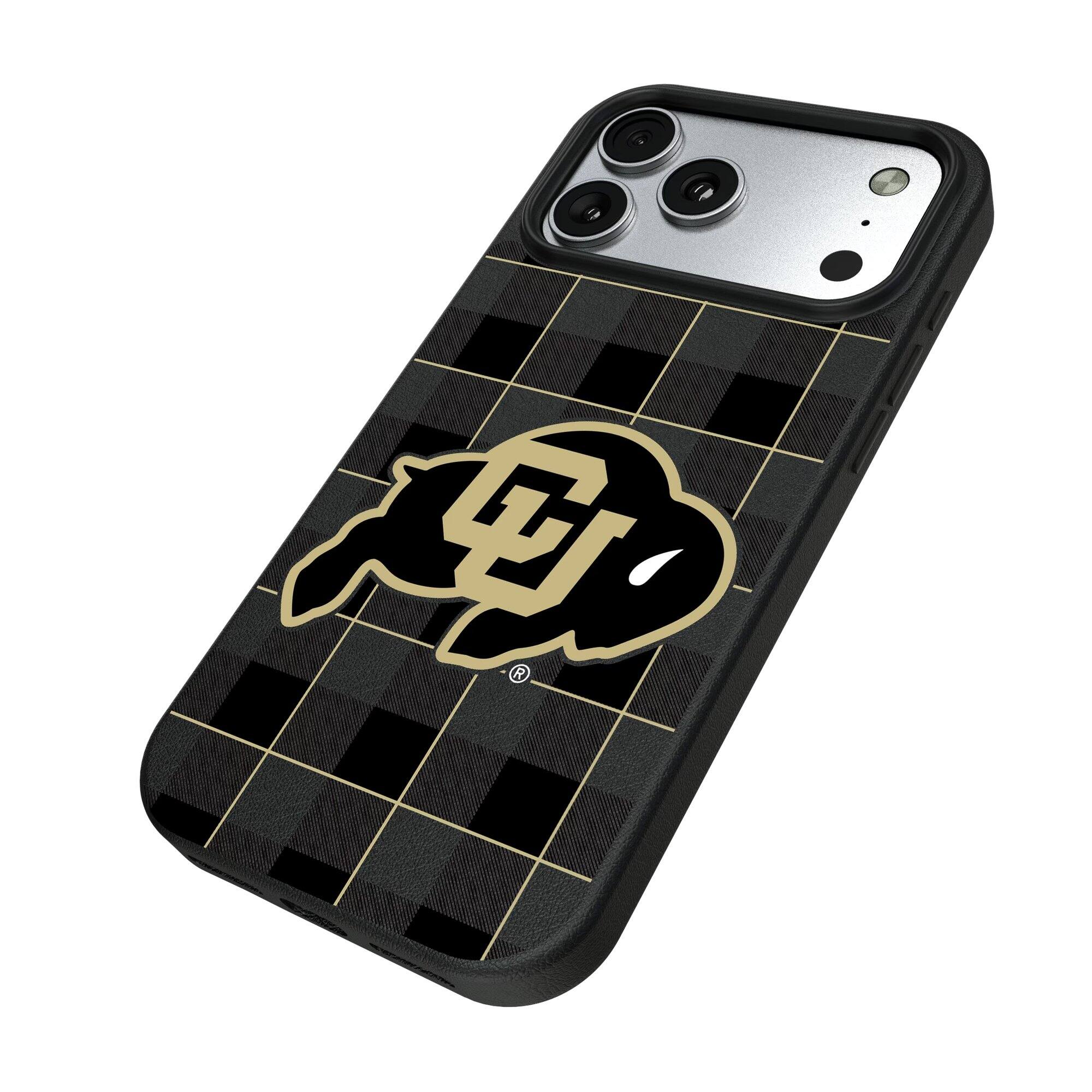 Alt View 1. Keyscaper - Colorado Buffaloes Plaid Magnetic Bump iPhone Case - 15 Plus - Black.