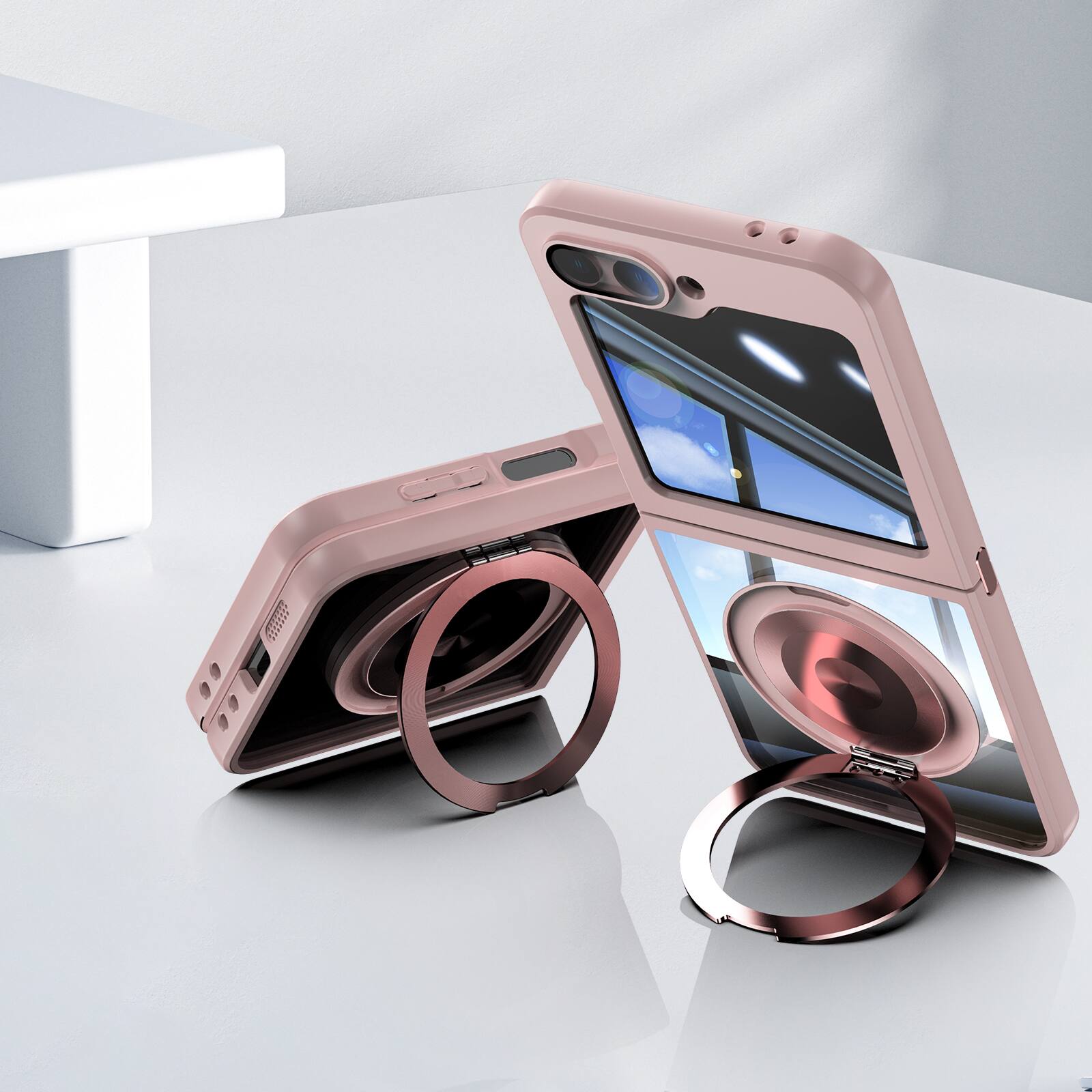Alt View 4. Dteck - Magnetic Case for Samsung Galaxy Z Flip6 with Built-in Lens Protector, 360° Rotating Ring Stand Clear Shockproof Cover - Pink.