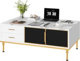 Acekool - Coffee Table for Living Room, Faux Marble Coffee Table with 4 Drawers - White+gold