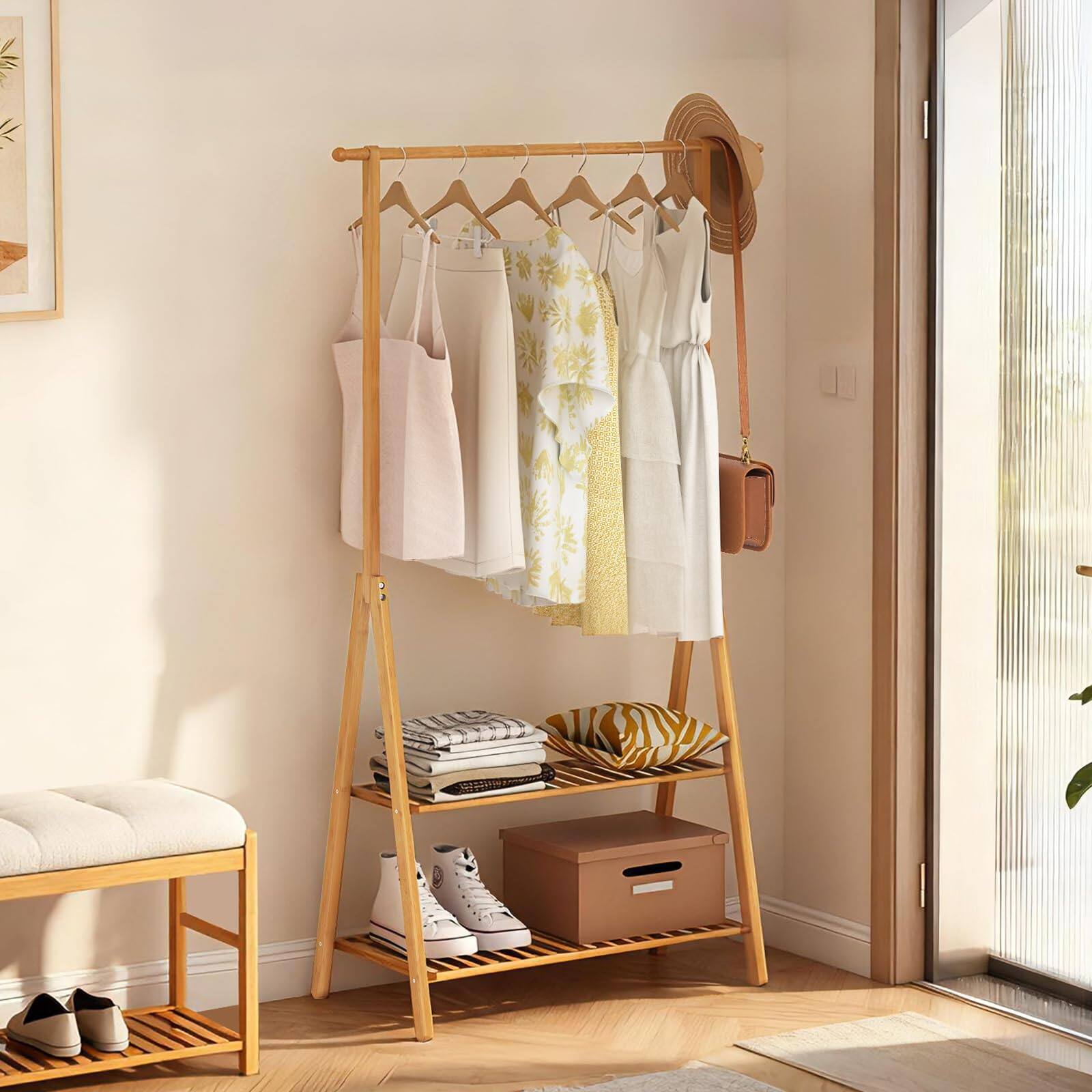 Cedar Assembly Simple Clothes Rack Garment With 2 Storage Shelves And ...