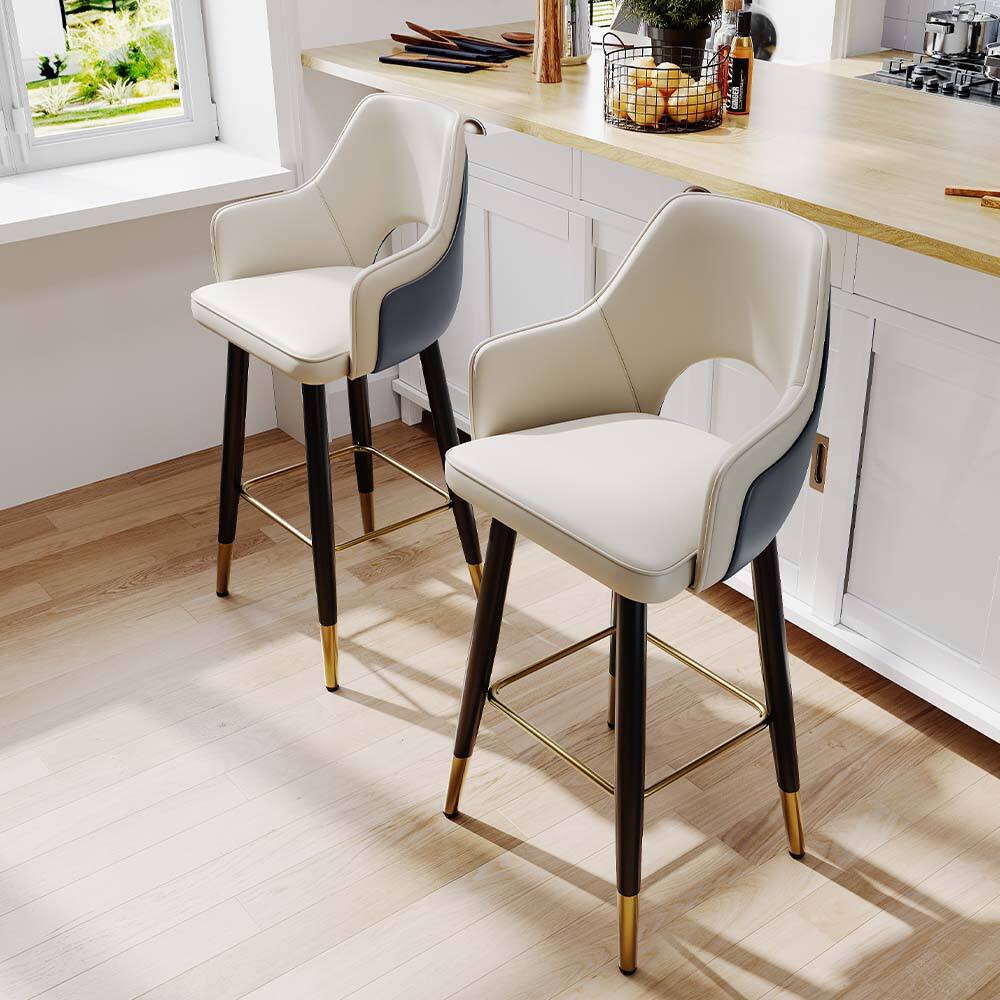 Angle. POVISON - 30" Modern Bar Height Faux Leather Bar Stools Set of 2, Arm Chairs with Hollow Backrest for Kitchen Island, Gray & Beige - Dark Gray & Beige PU Leather.