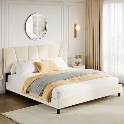 Front. Electrodes Masters - King Size Bed Frame with Headboard Adjustable, Linen Upholstered King Platform Bed with Headboard - Beige.