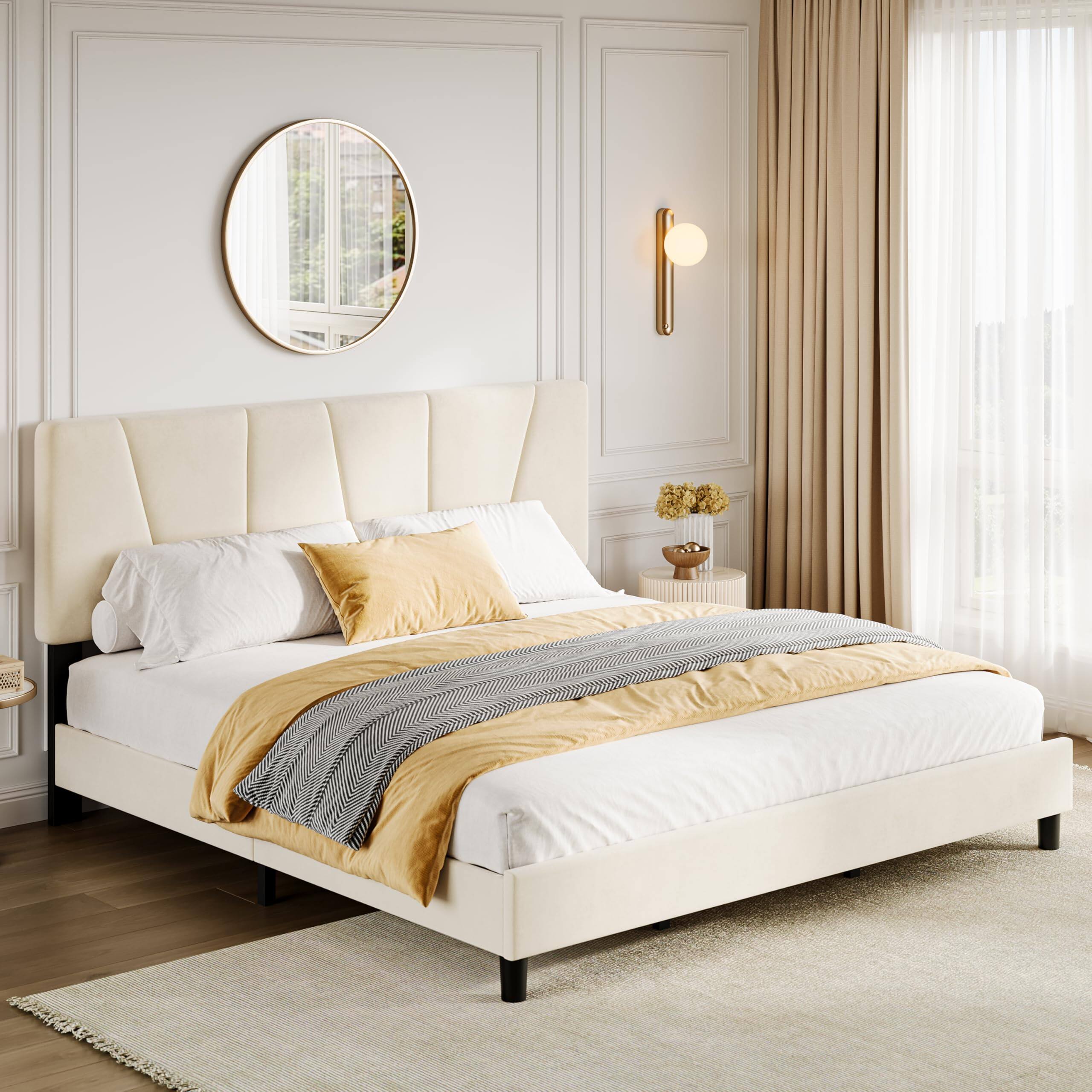 Front. Electrodes Masters - King Size Bed Frame with Headboard Adjustable, Linen Upholstered King Platform Bed with Headboard - Beige.