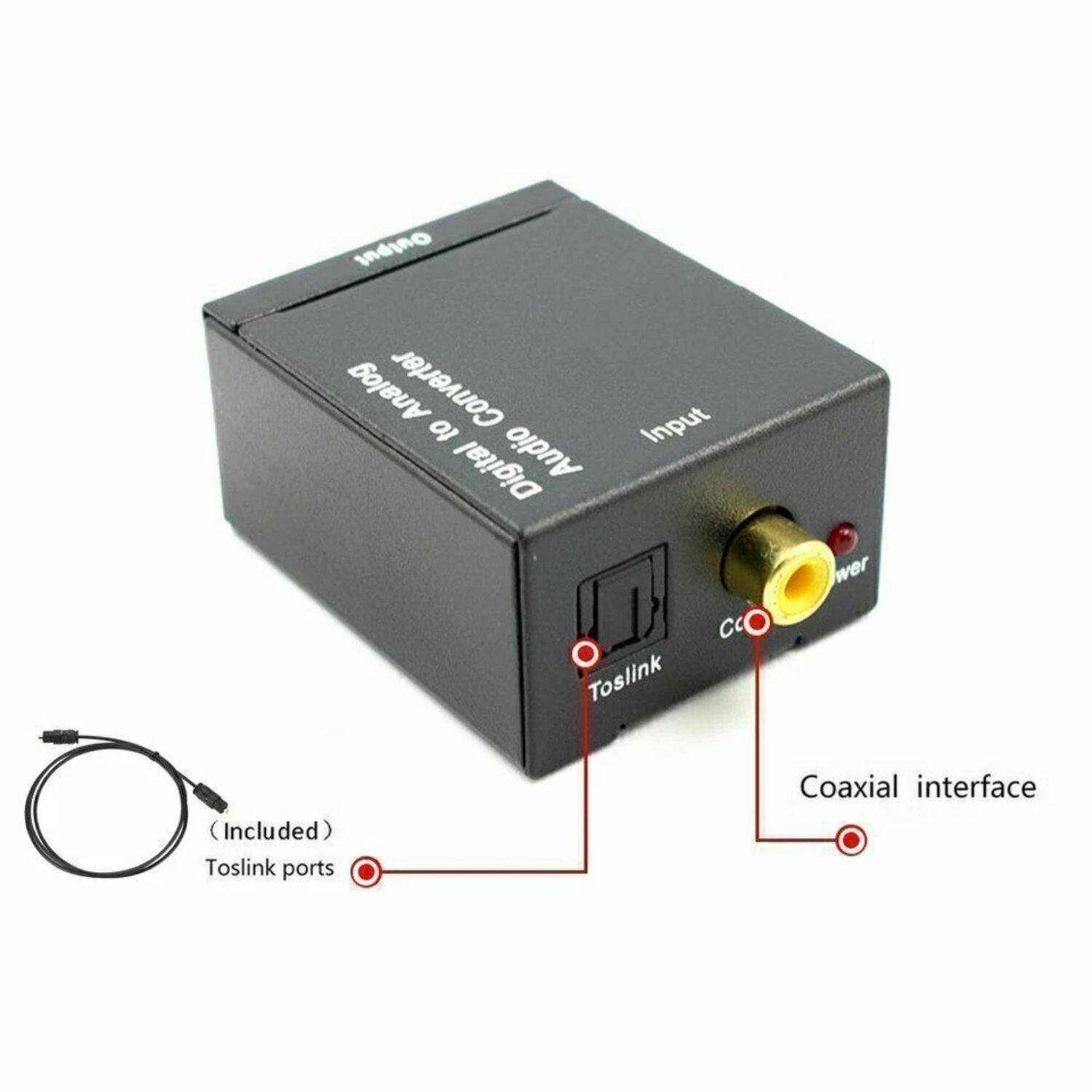 Output Analog Converter to Input Digital Audio  
DC 5V Power (Included)  
Toslink ports  
Coaxial interface