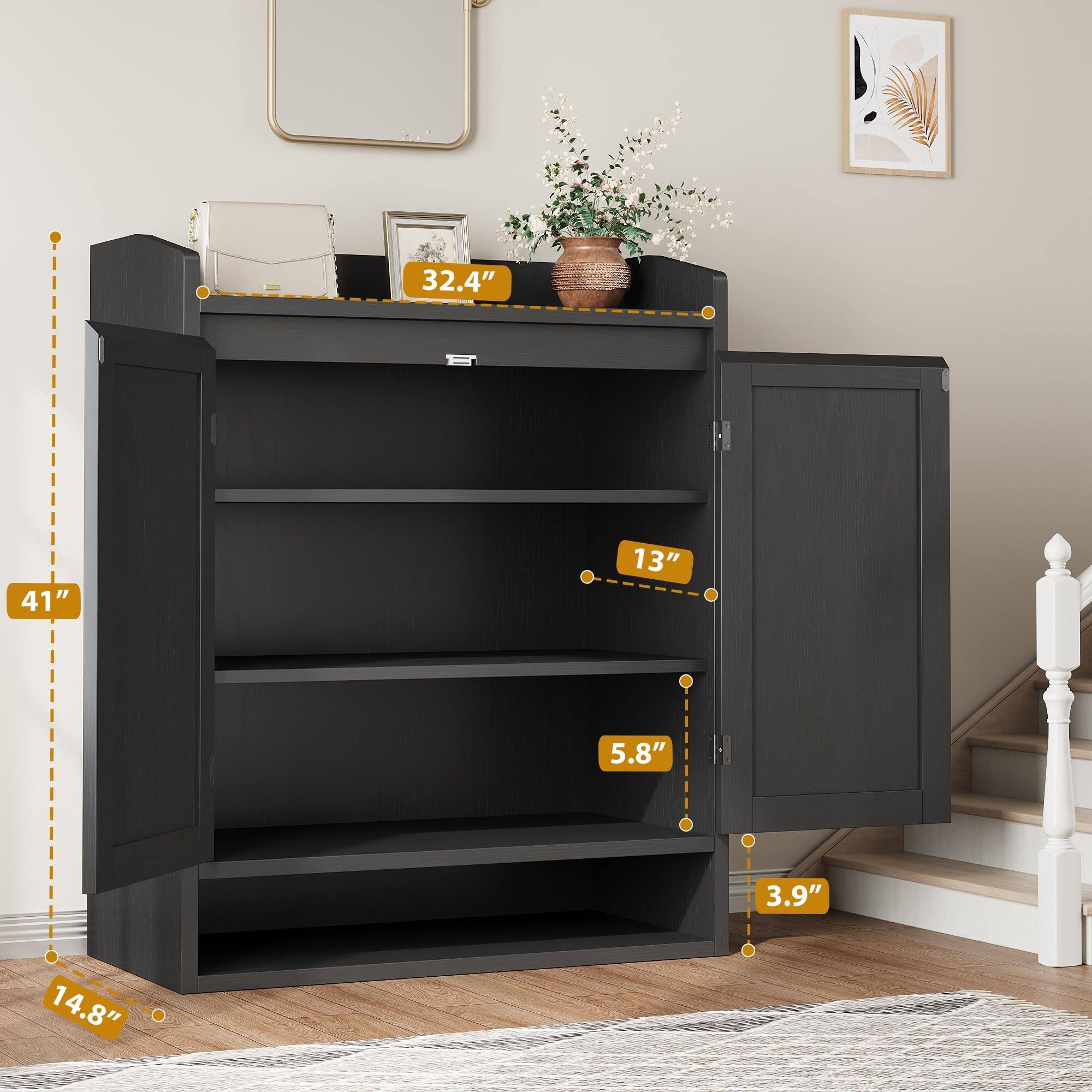 32.4" W x 41" H x 14.8" D

Shelf 1: 13" D
Shelf 2: 5.8" D
Shelf 3: 3.9" D